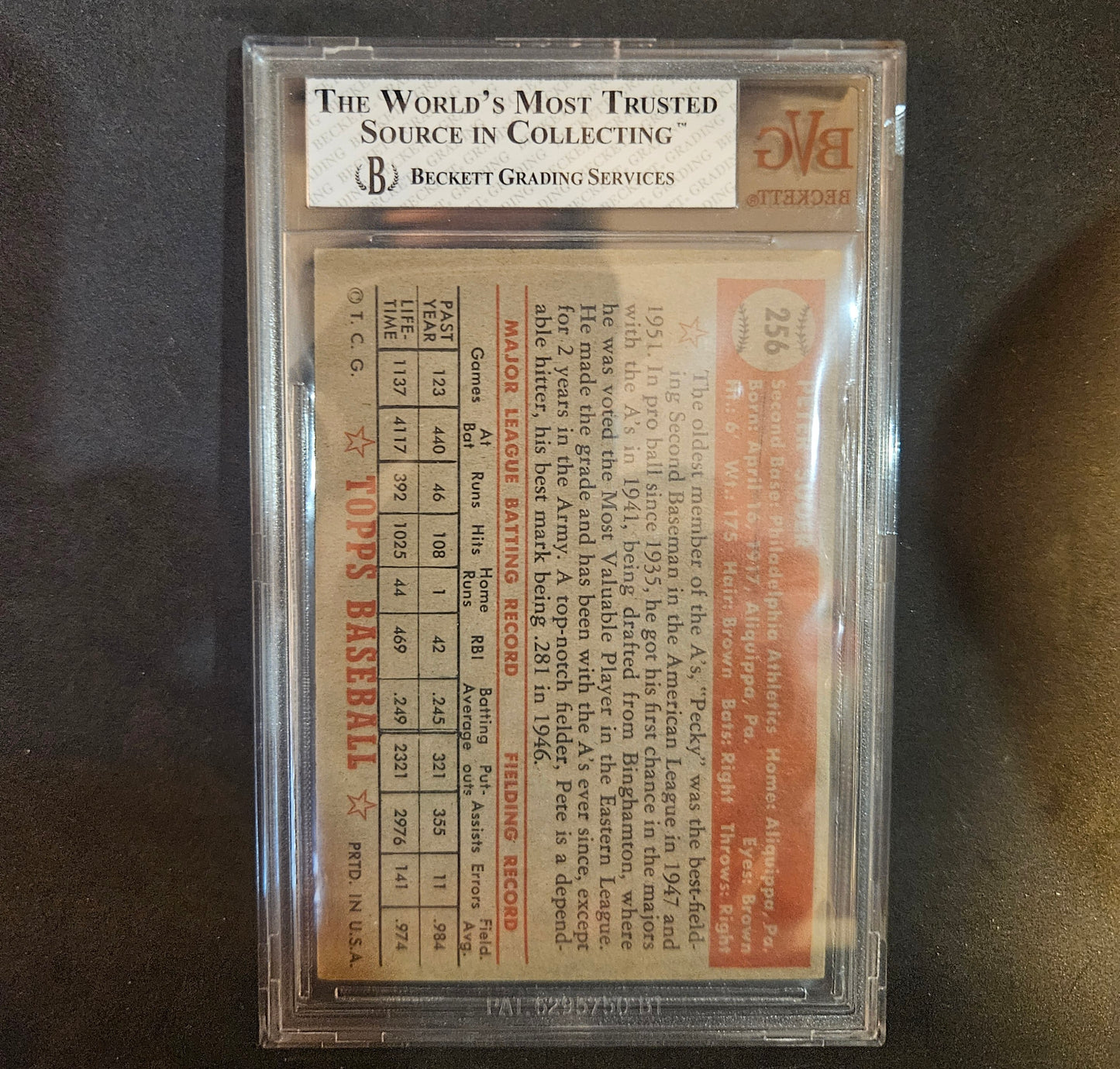 1952 Topps Pete Suder #256 BVG 7 small crack at top of case