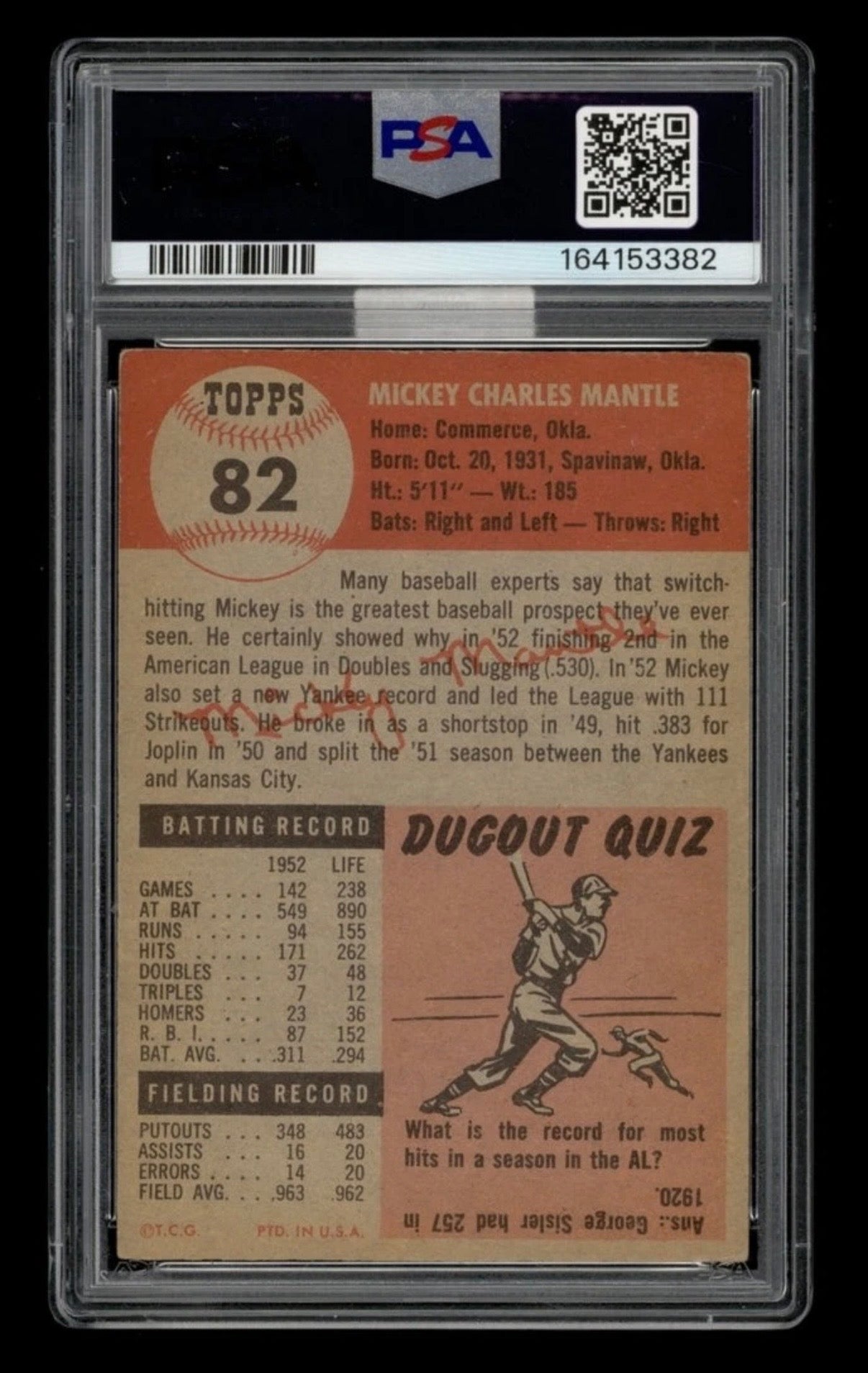 1953 Topps Mickey Mantle #82 PSA 3, MBA Gold 3.5