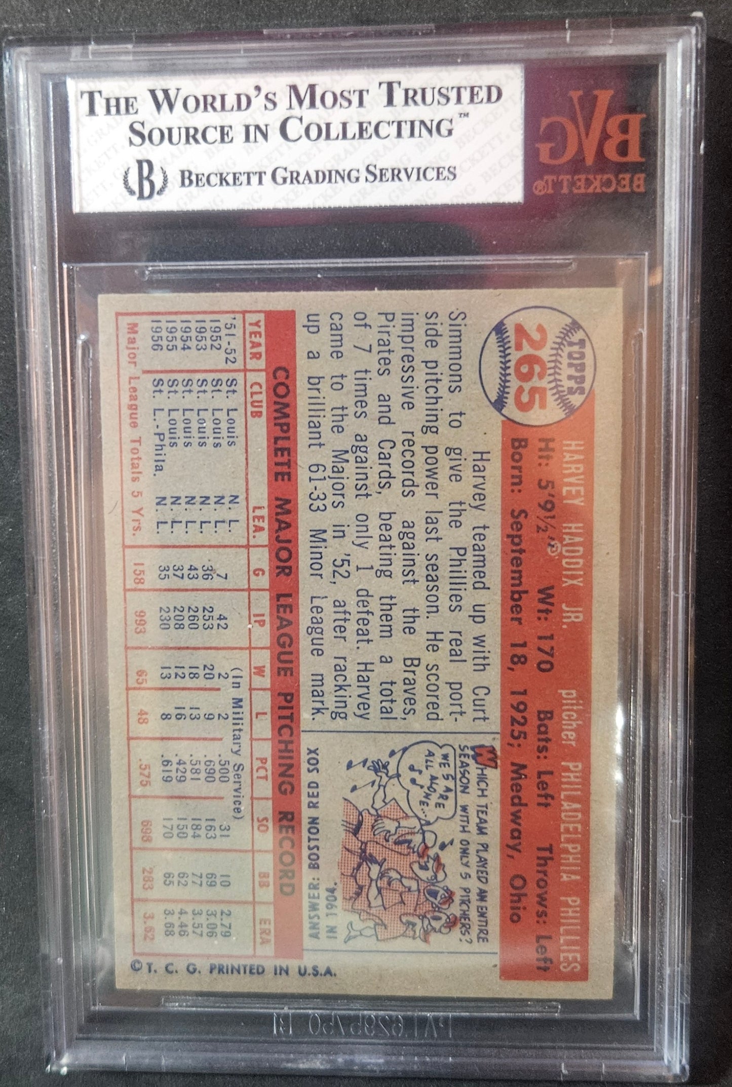 1957 Topps Harvey Haddix DP #265 BVG 7.5