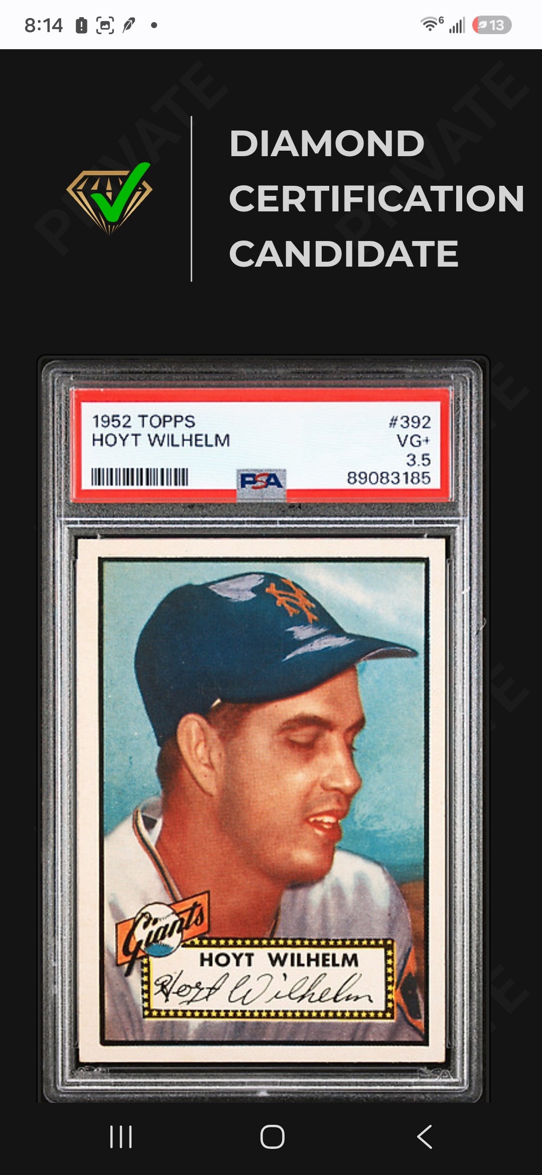 1952 Topps Hoyt Wilhelm #392 PSA 3.5 Diamond review candidate