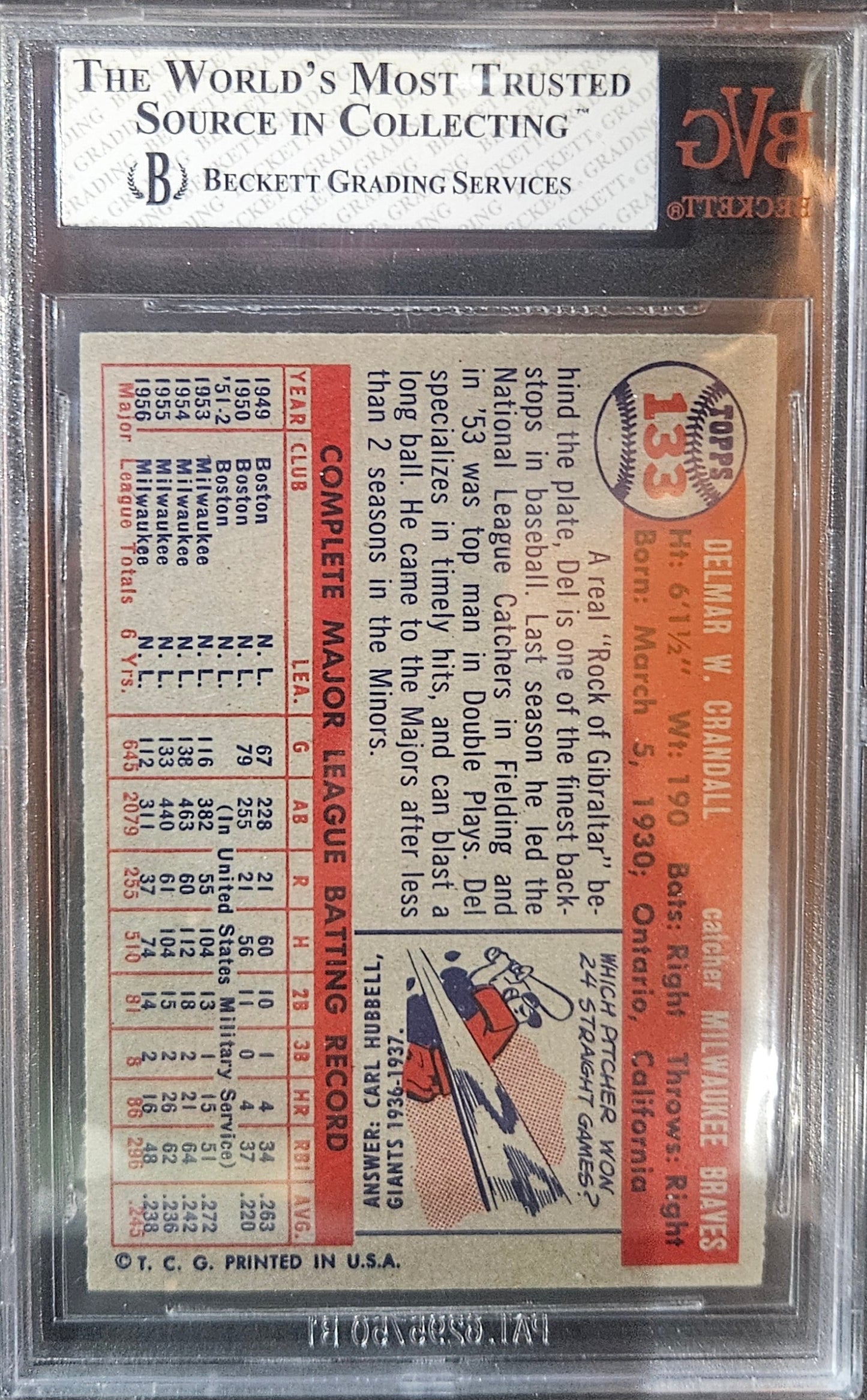 1957 Topps Del Crandall #133 BVG 8