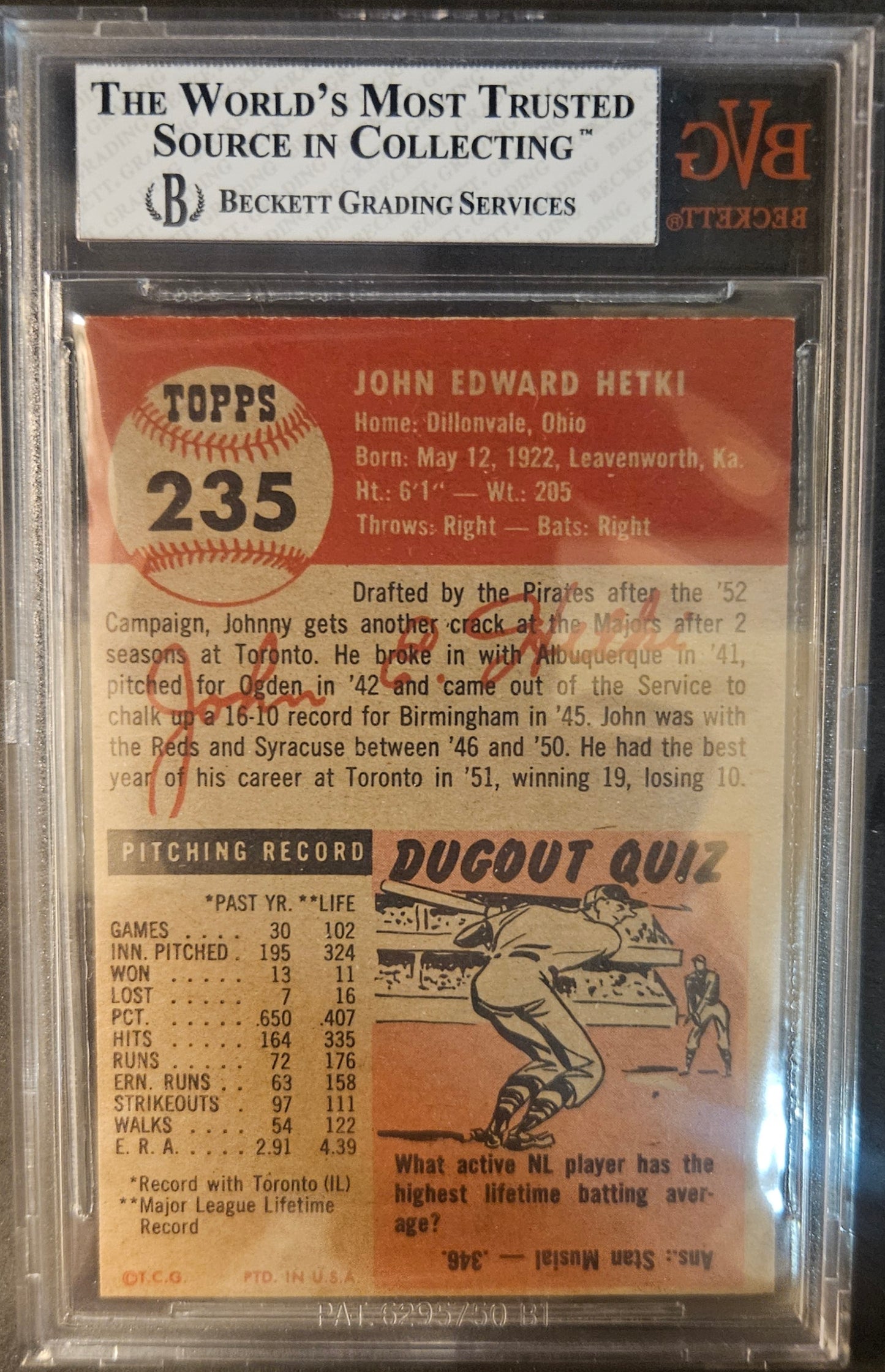 1953 Topps John Hetki DP #235 Rookie BVG 6