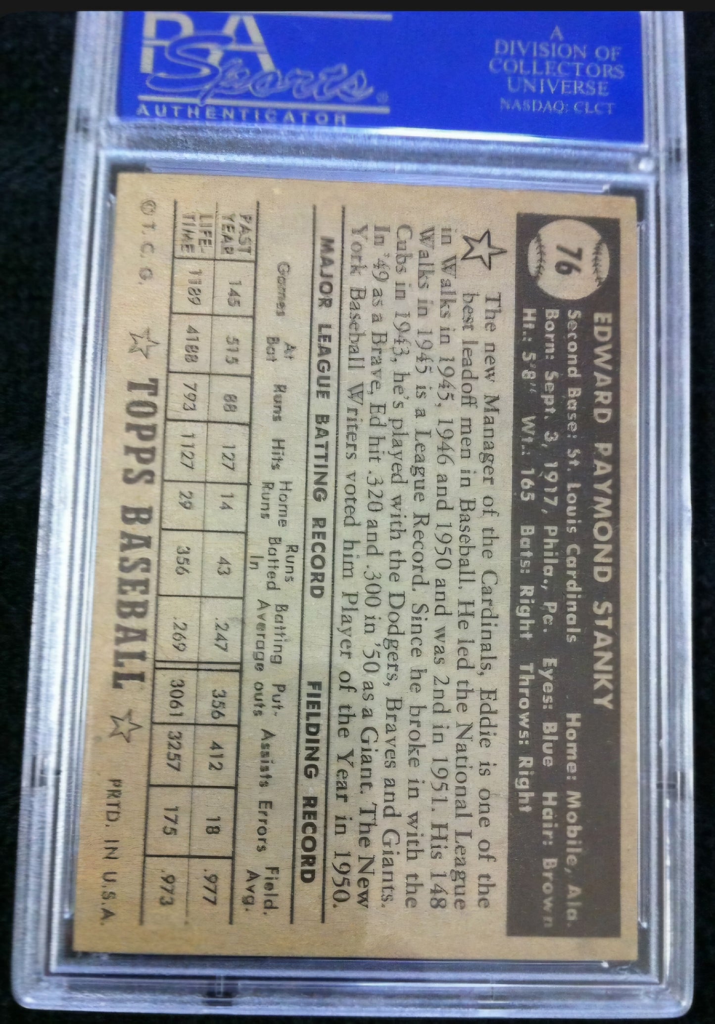 1952 Topps Eddie Stanky #76 PSA 6 black back