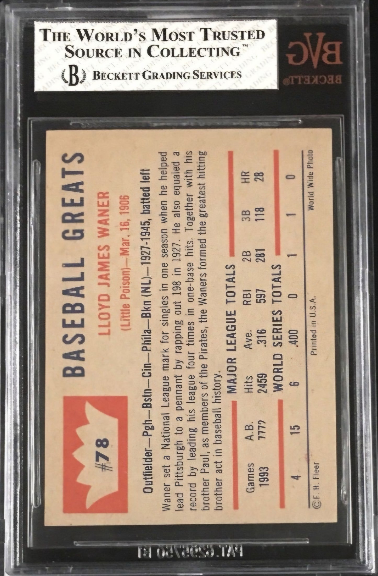 1960 Fleer Lloyd Waner #78 BVG 8