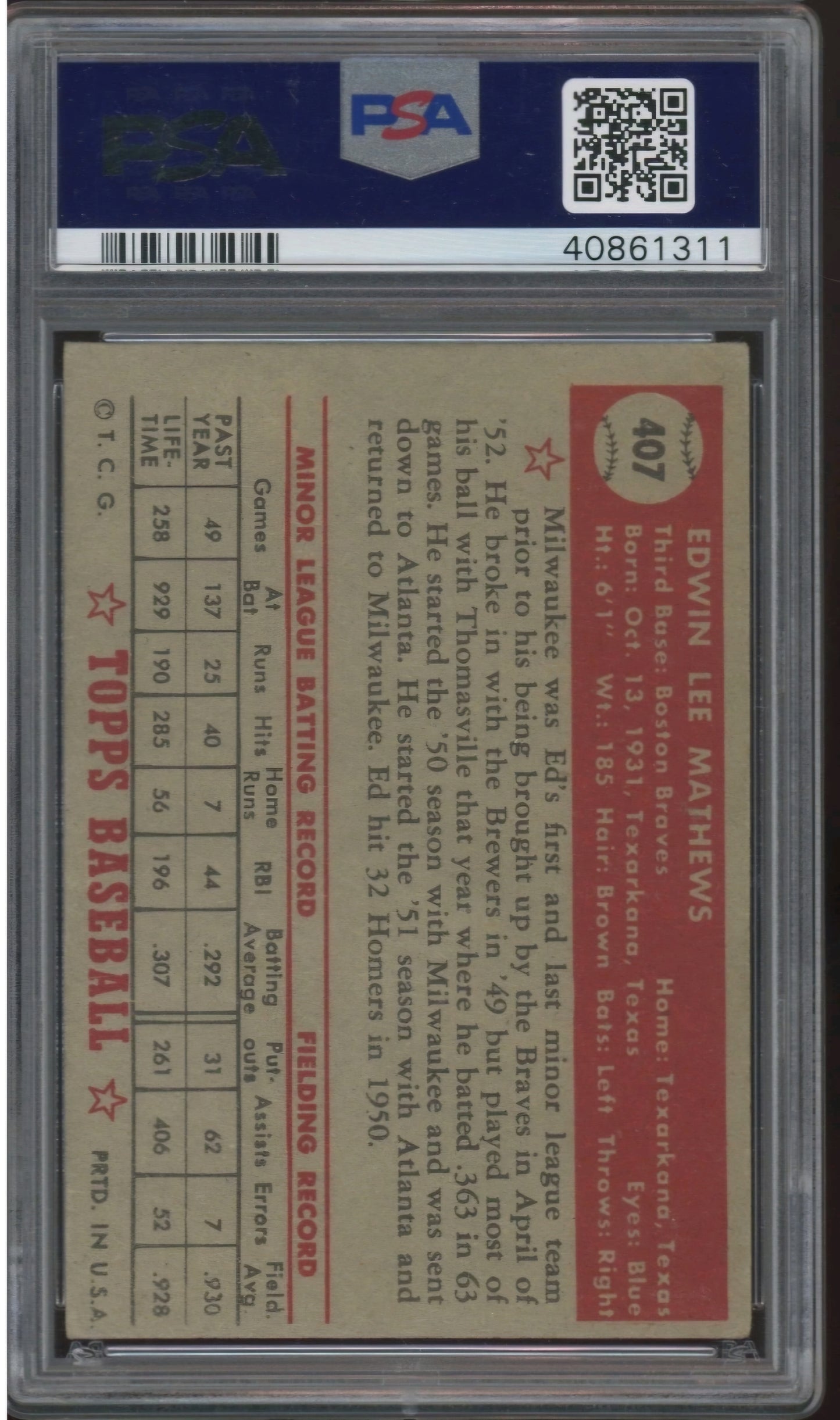 1952 Topps Ed Mathews #407 PSA 3