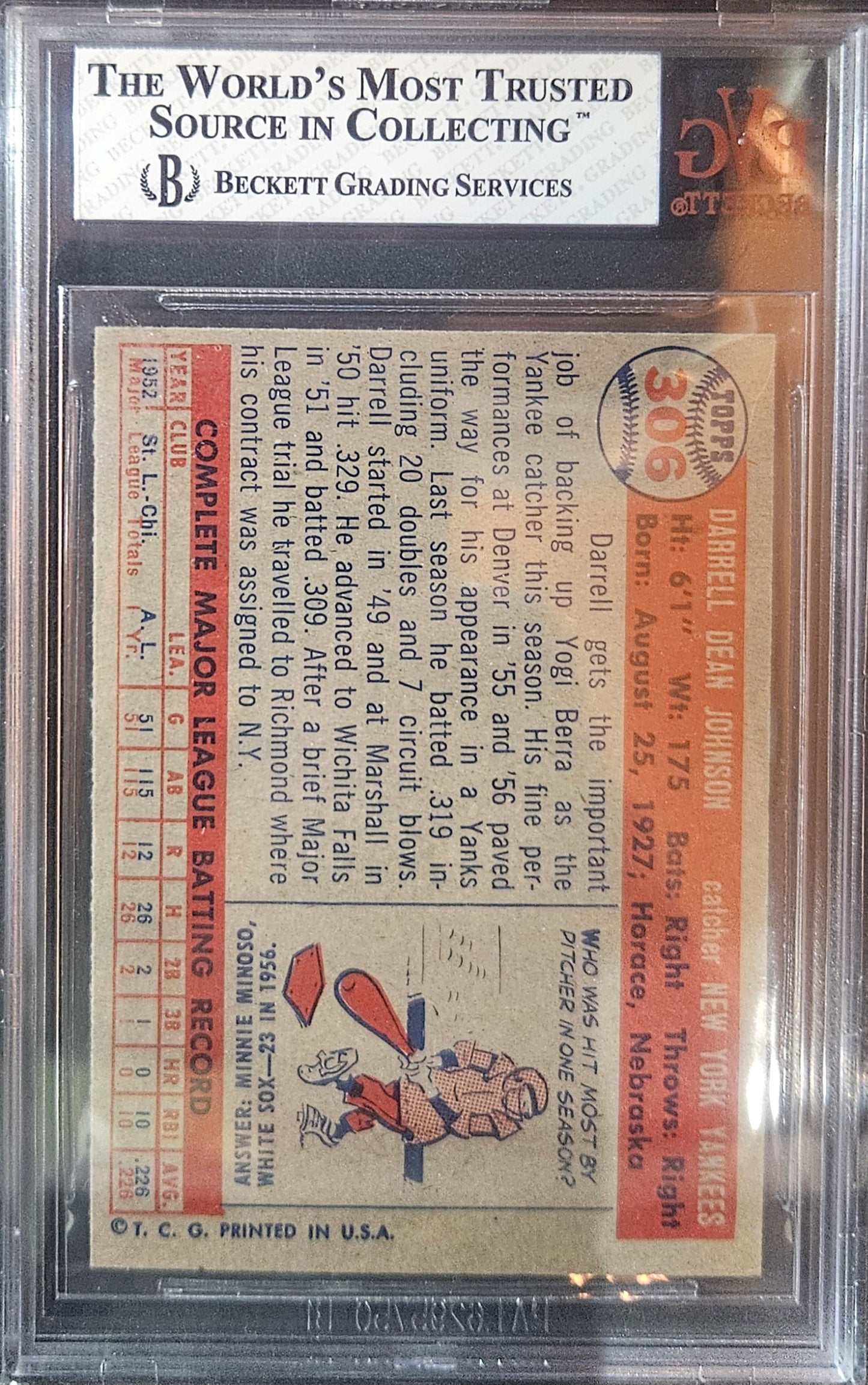 1957 Topps Darrell Johnson DP #306 Rookie BVG 8