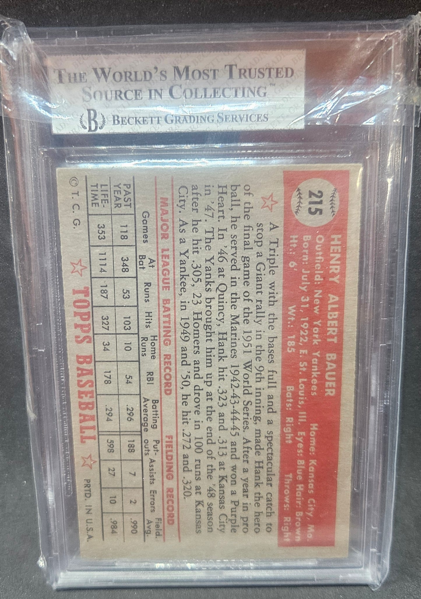 1952 Topps Hank Bauer #215 BVG 7