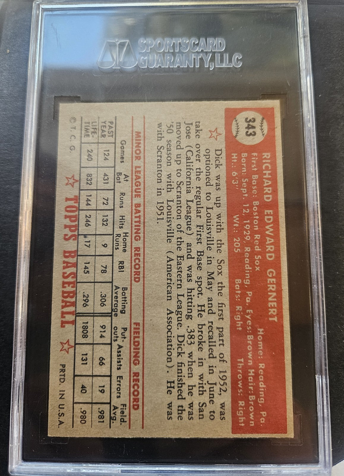 1952 Topps - Dick Gernert #343 SGC 6 high number