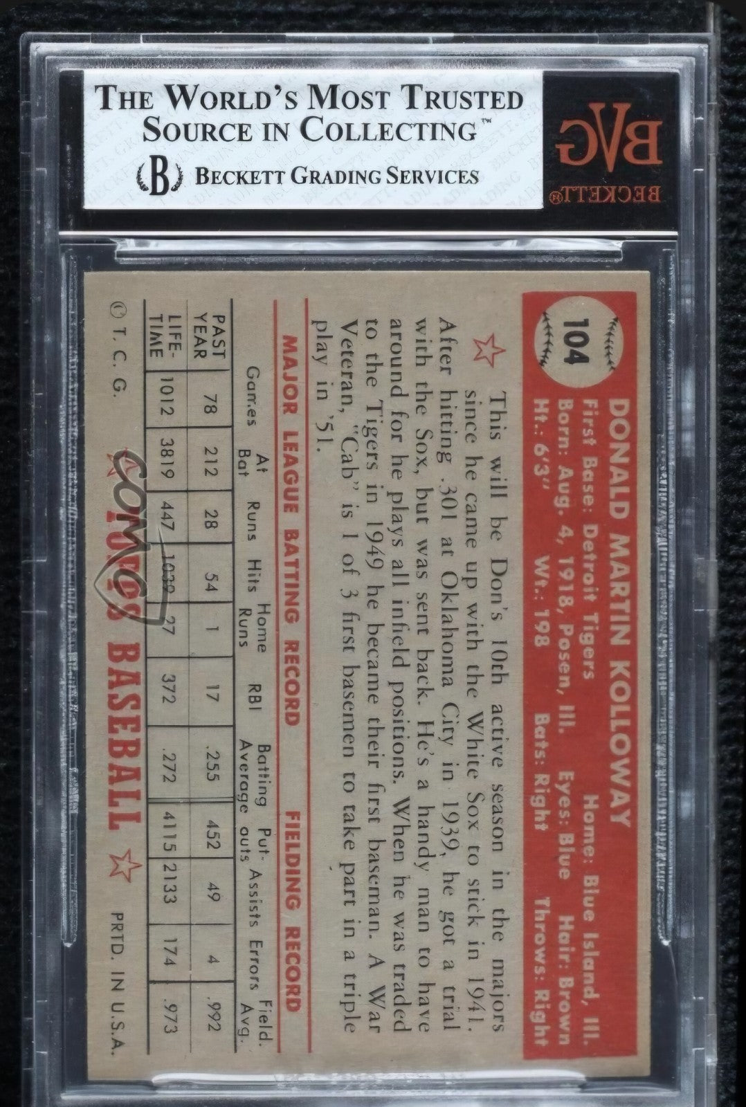 1952 Topps - DON Kolloway #104 BVG 7.5