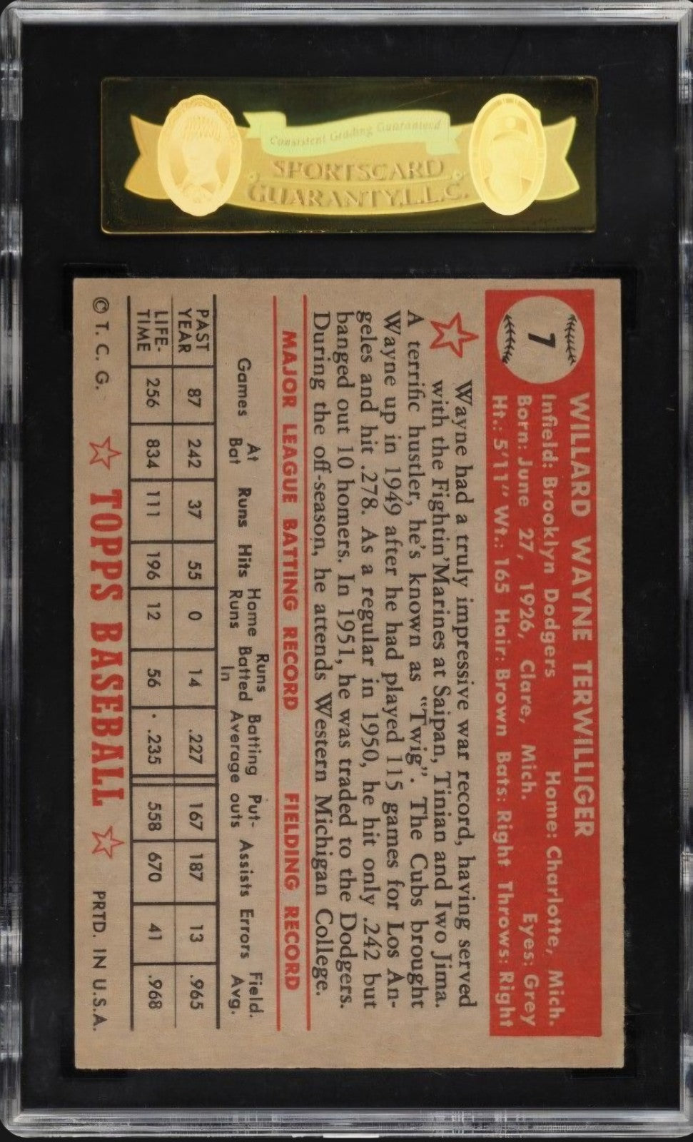 1952 Topps - Wayne Terwilliger #7 Red Back SGC 7