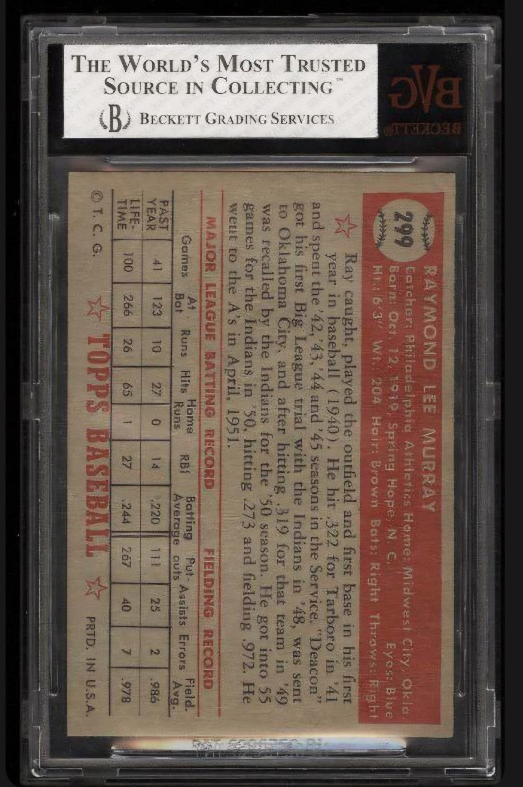 1952 Topps - Semi-High # Ray Murray #299 (RC) BVG 7.5