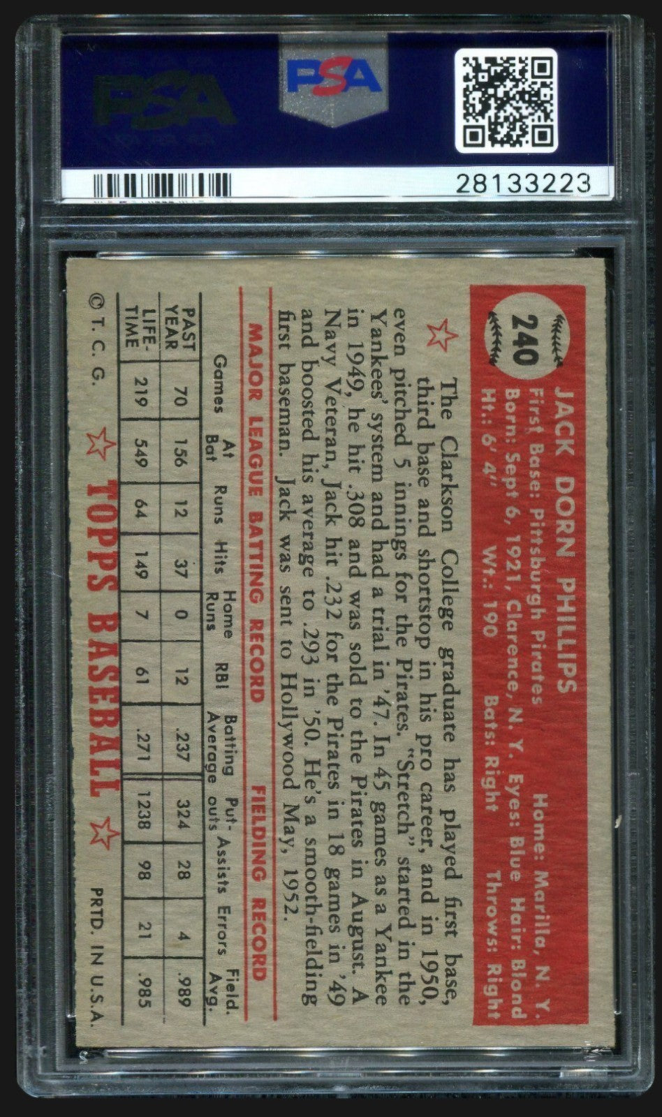 1952 Topps - Jack Phillips #240 (RC) Psa 7