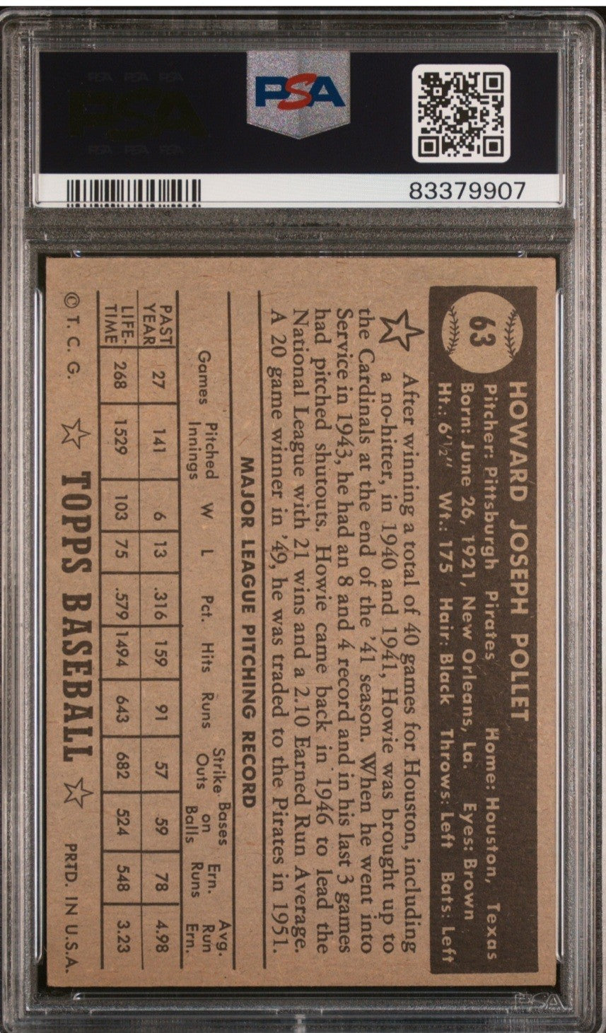1952 Topps Howie Pollet #63 Black Back PSA 5