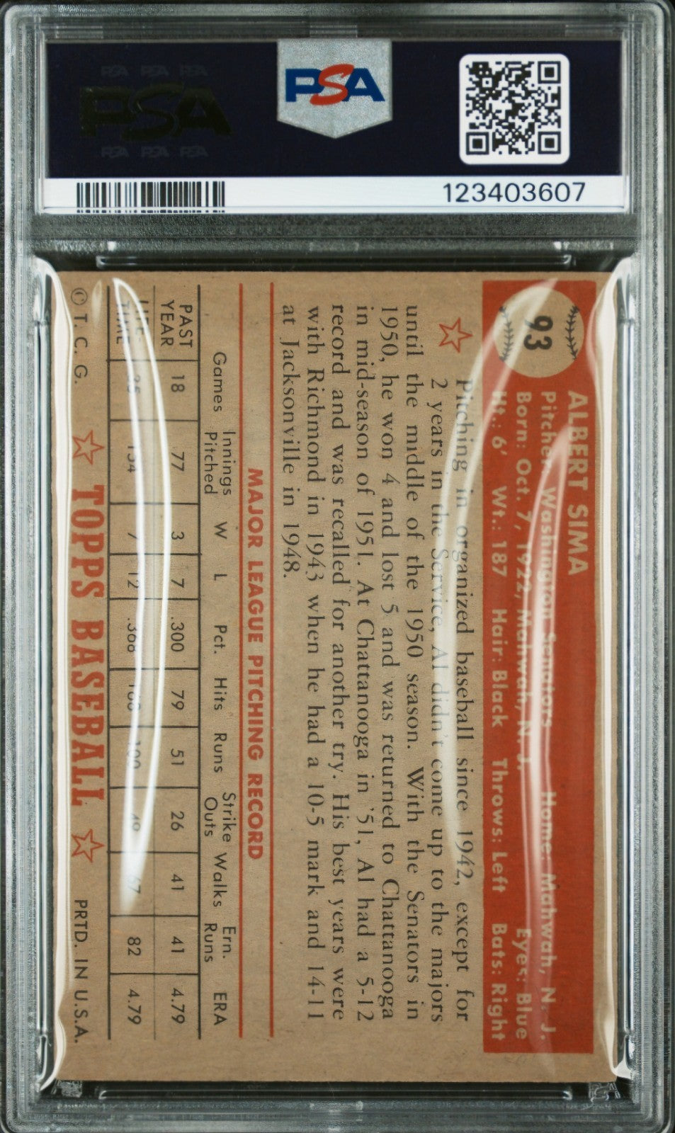 1952 Topps - Al Sima #93 (RC) Psa 4.5
