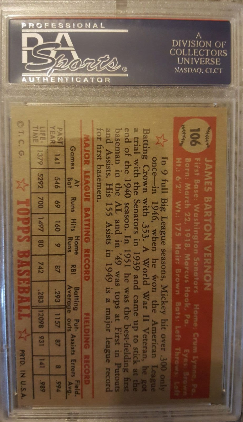 1952 Topps Mickey Vernon #106 PSA 7.5