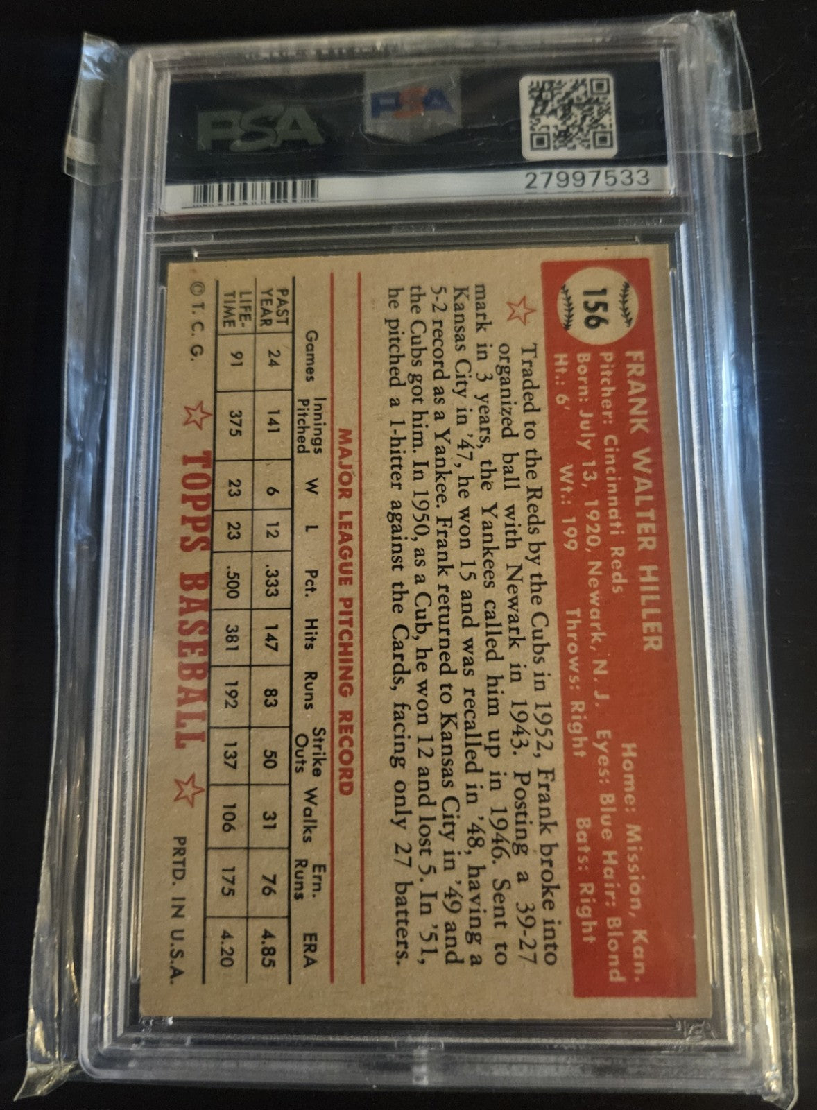 1952 Topps - Frank Hiller #156 Psa 7