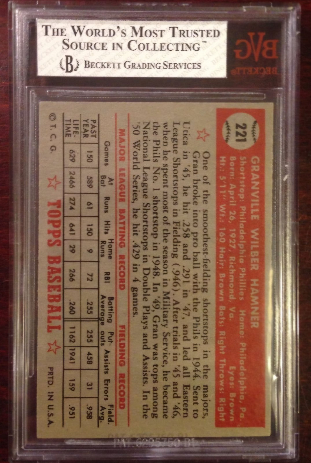 1952 Topps #221 Granny Hamner BVG 7