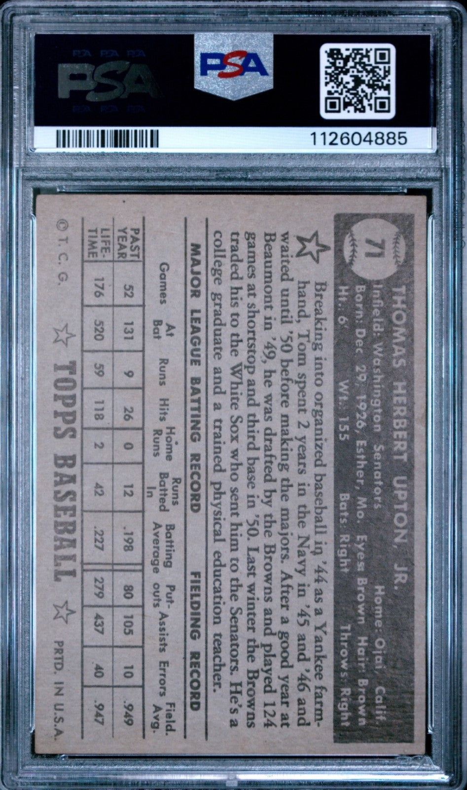 1952 Topps Tom Upton #71 Psa 4 Black Back