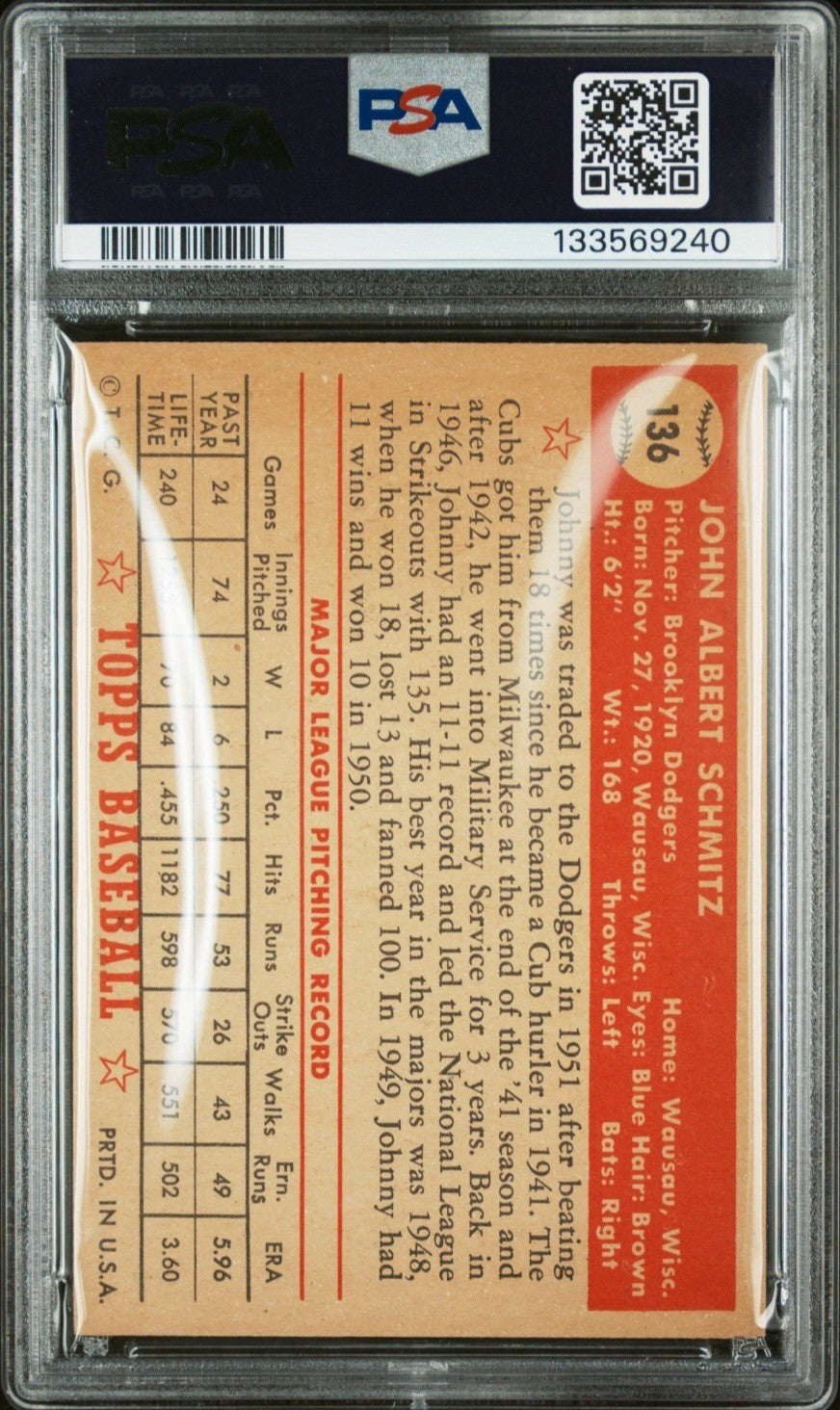 1952 Topps #136 Johnny Schmitz PSA 5 EX