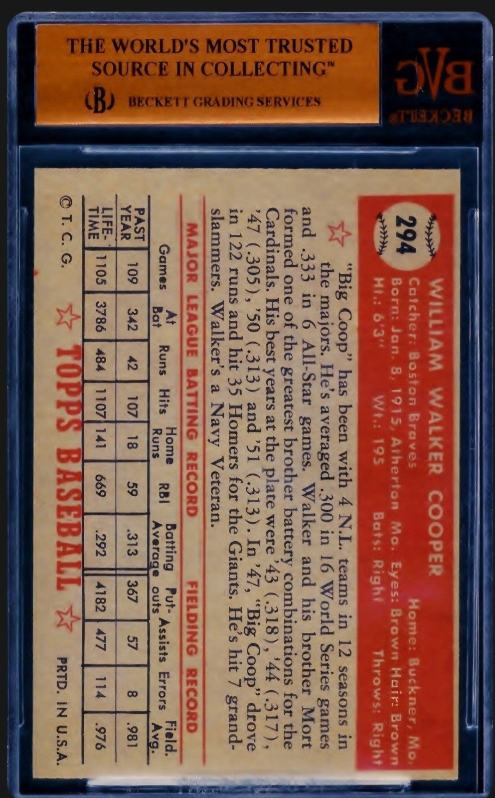 1952 topps baseball card # 294 walker cooper BVG 7.5