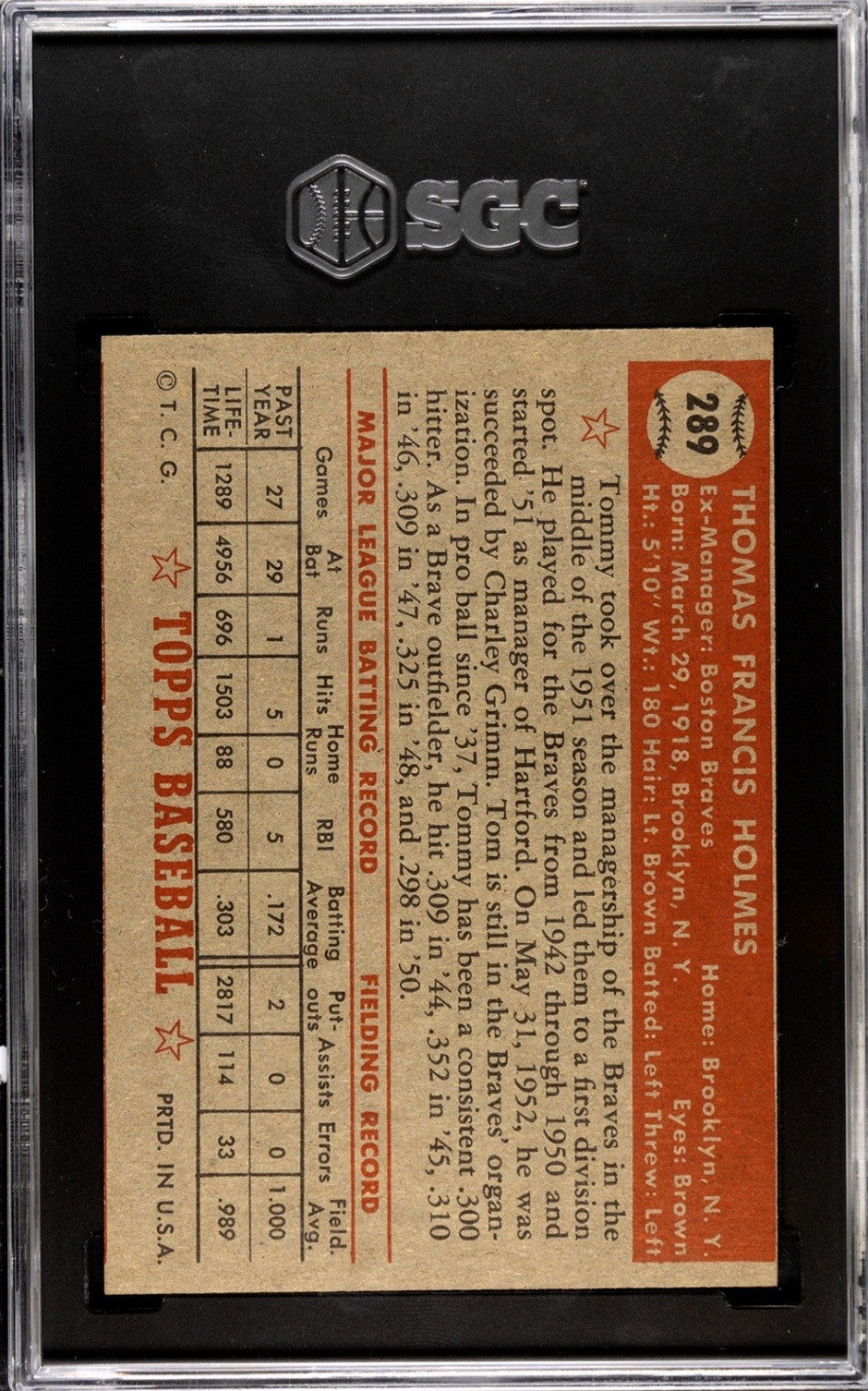 1952 Topps - Semi-High # Tommy Holmes #289 SGC 5