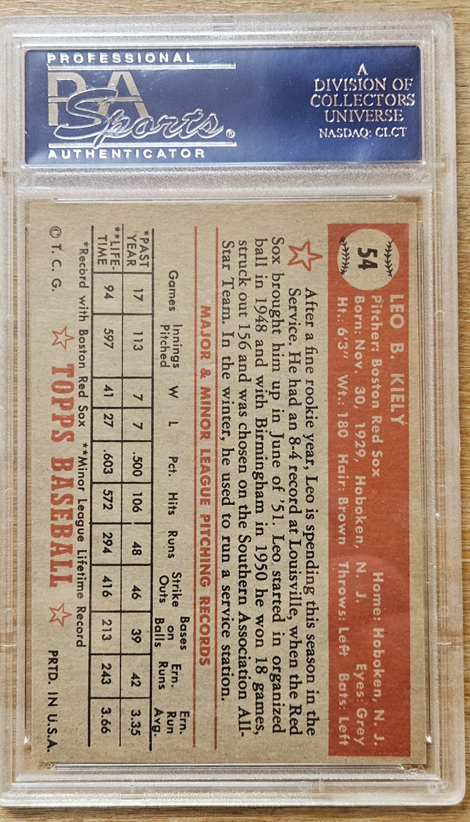 1952 Topps #54 Leo Kiely - PSA 7 NM Red back