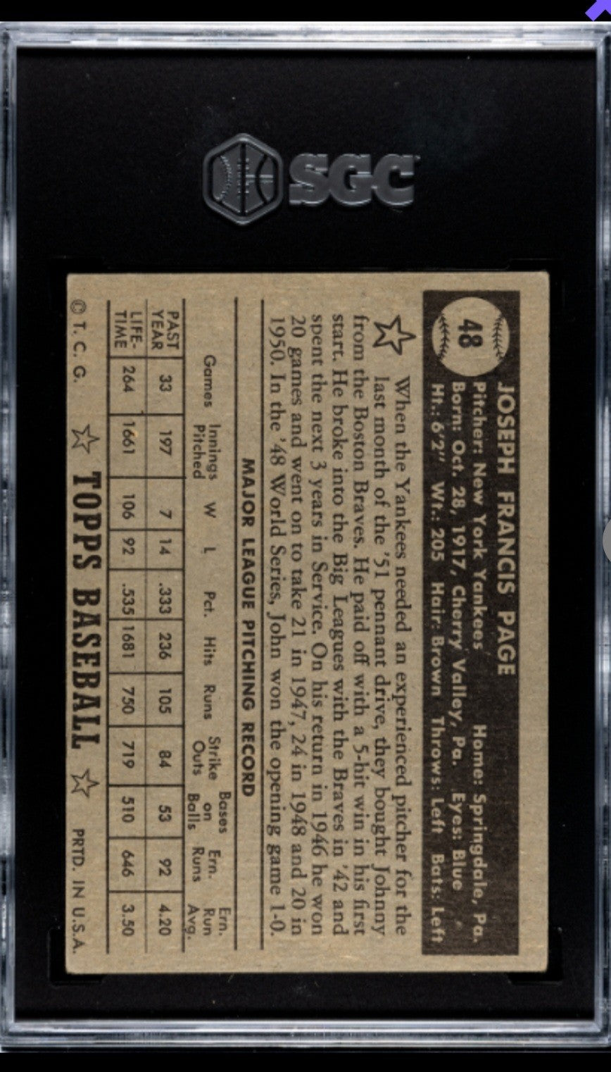 1952 Topps #48 Joe Page Black Back Sain Error SGC 4