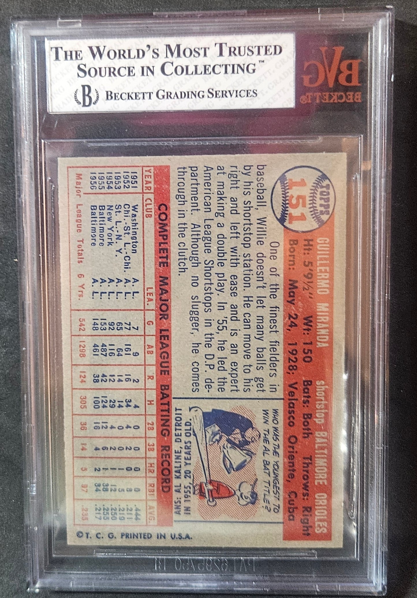 1957 Topps Willie Miranda #151 BVG 8
