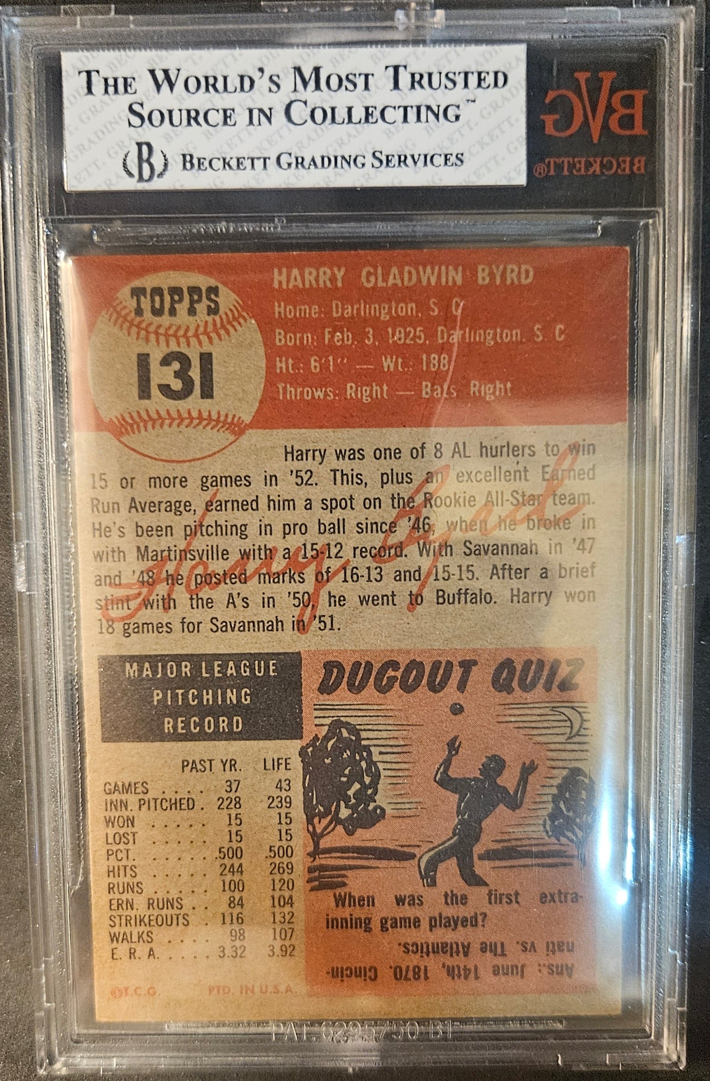 1953 Topps Harry Byrd DP #131 BVG 8 small chip top of case