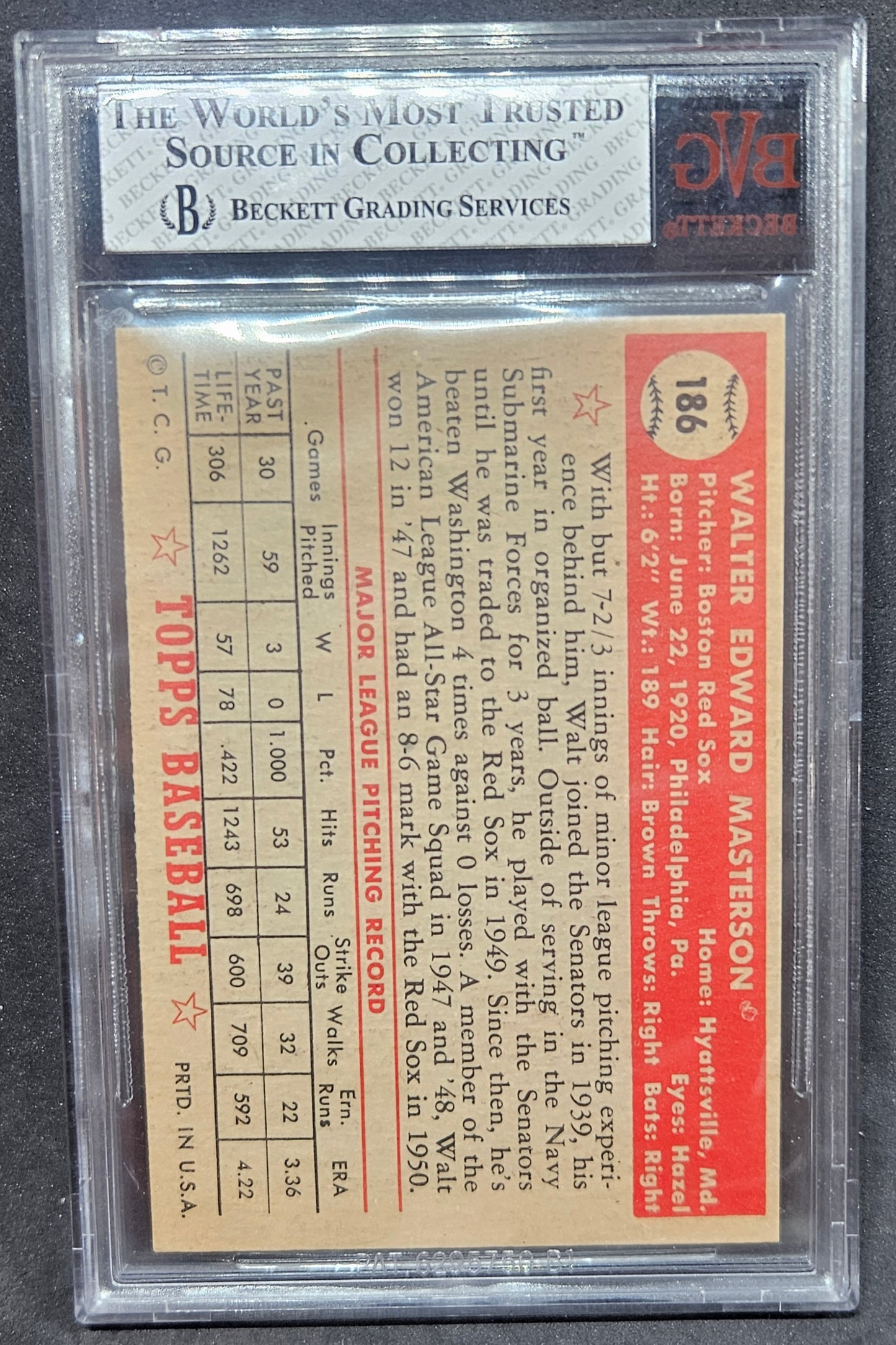 1952 Topps Walt Masterson #186 BVG 7
