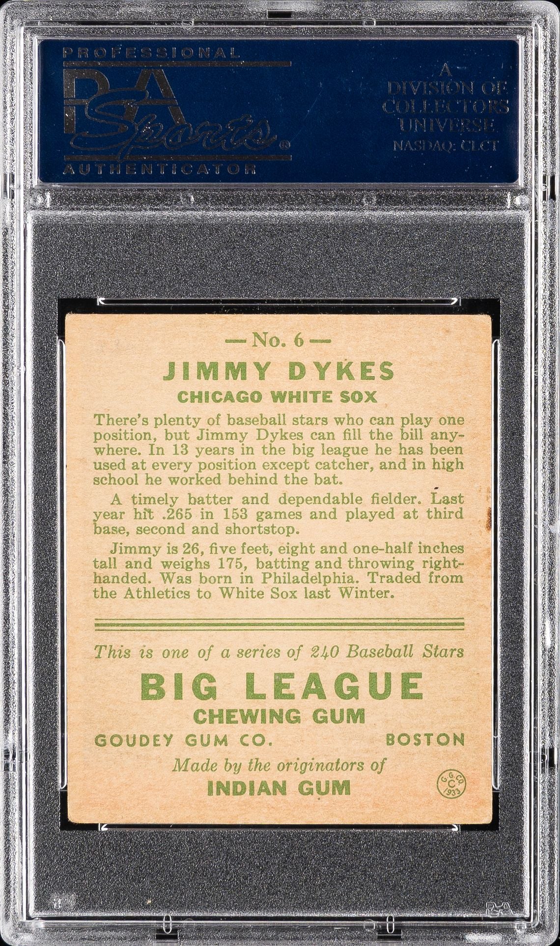 1933 Goudey Jimmy Dykes #6 Age Is 26 In Bio PSA 4