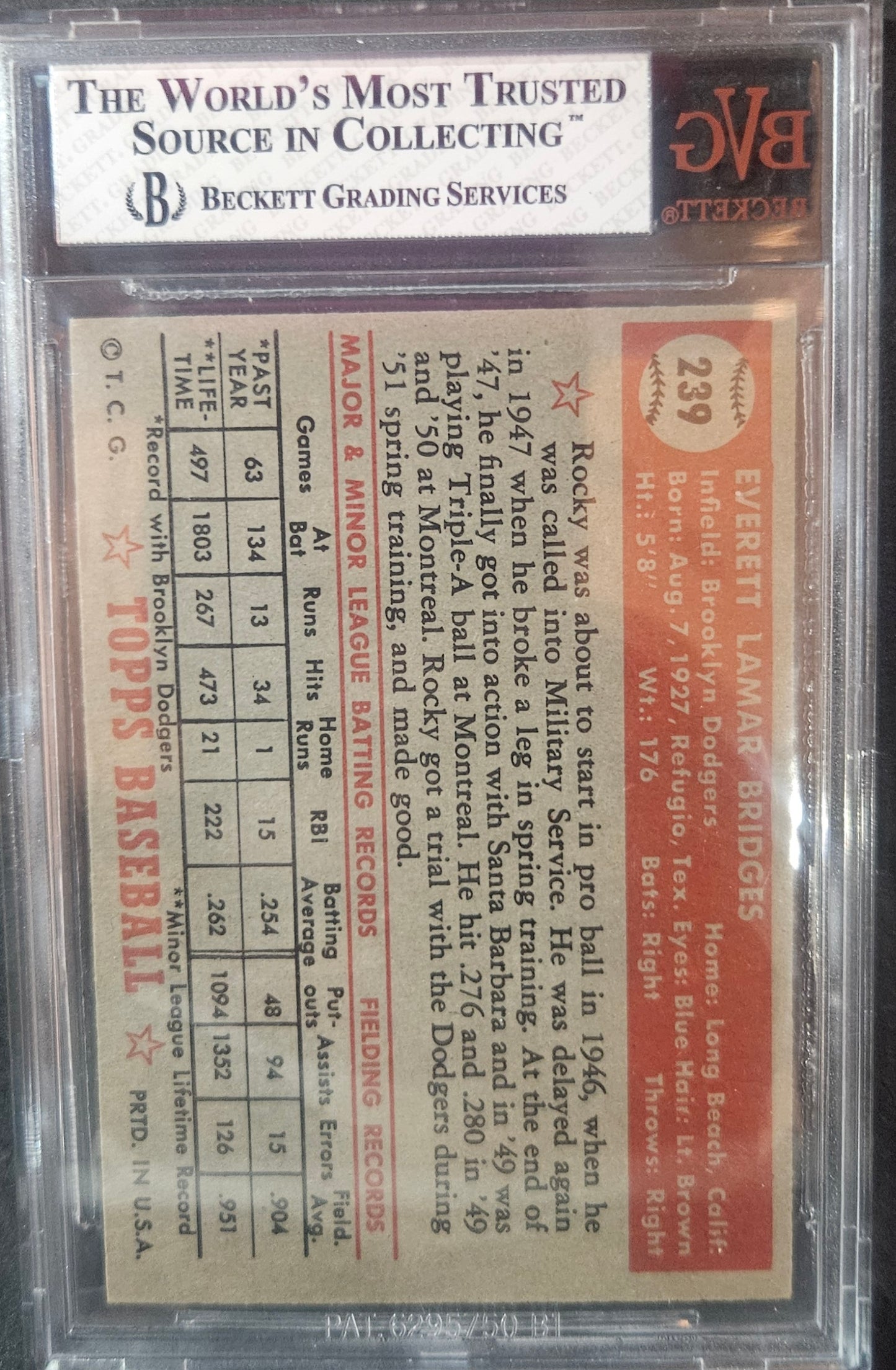 1952 Topps Rocky Bridges #239 Rookie BVG 5.5