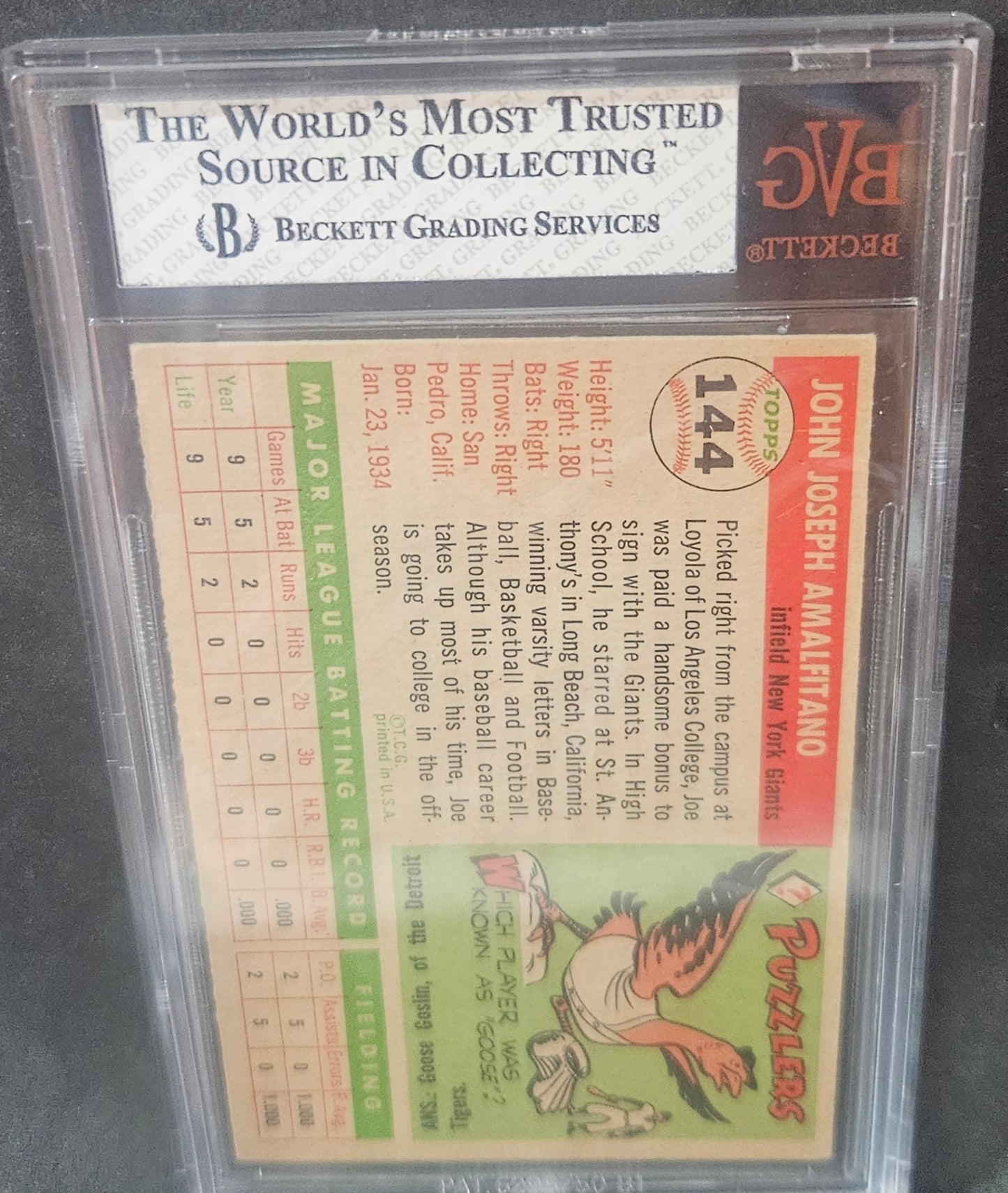 1955 Topps Joe Amalfitano #144 Rookie BVG 7.5
