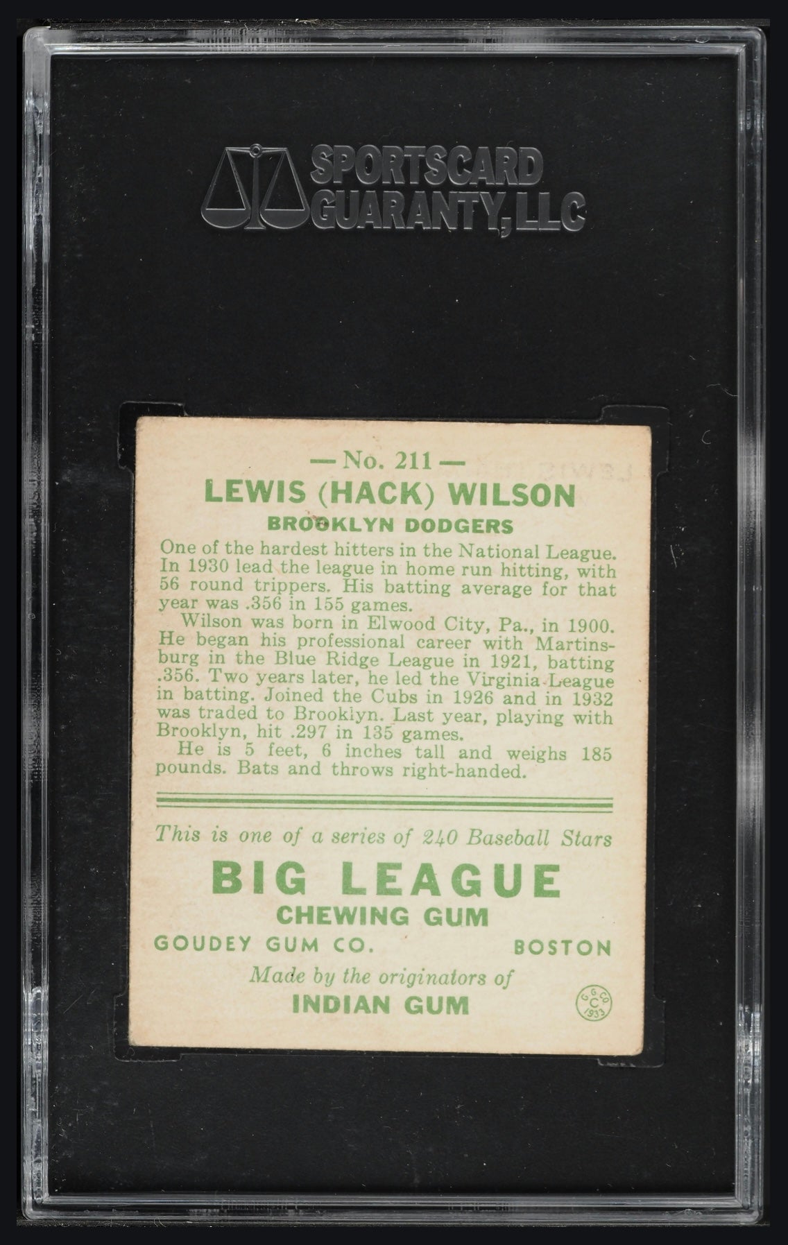 1933 Goudey Hack Wilson #211 SGC 3 Awesome color!