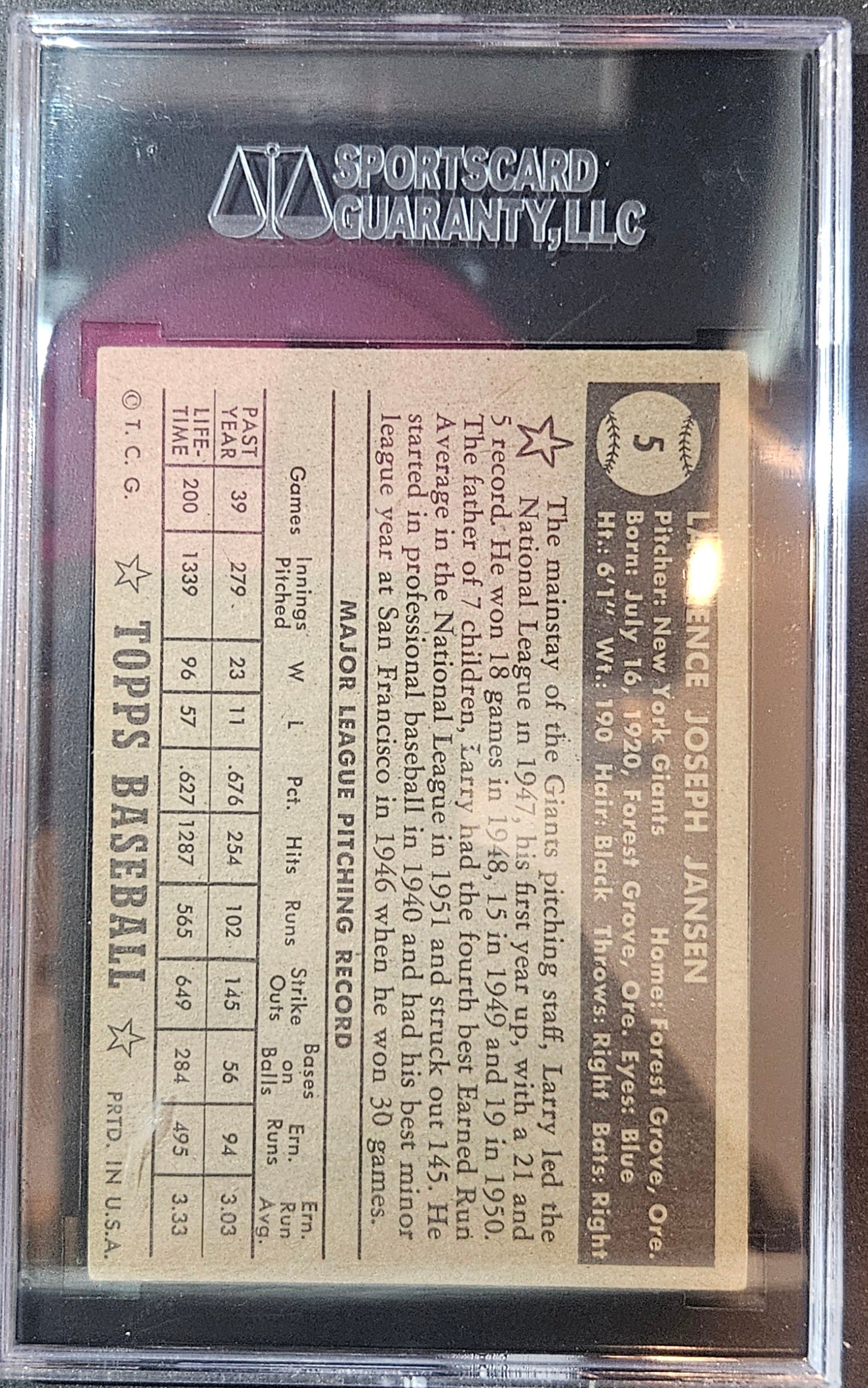 1952 Topps Larry Jansen #5 Black Back SGC 5