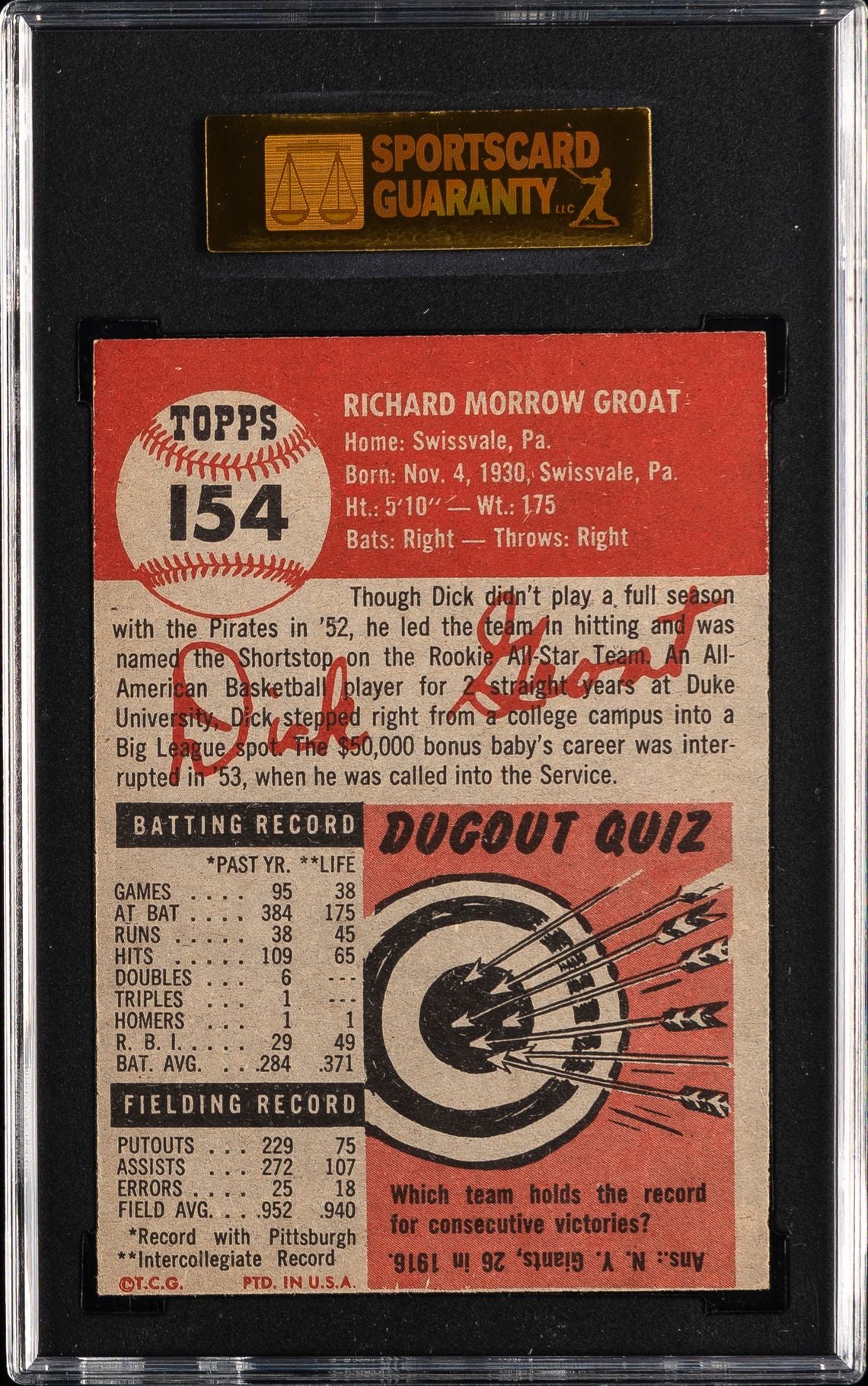 1953 Topps Dick Groat #154 SGC 7.5 Tough card