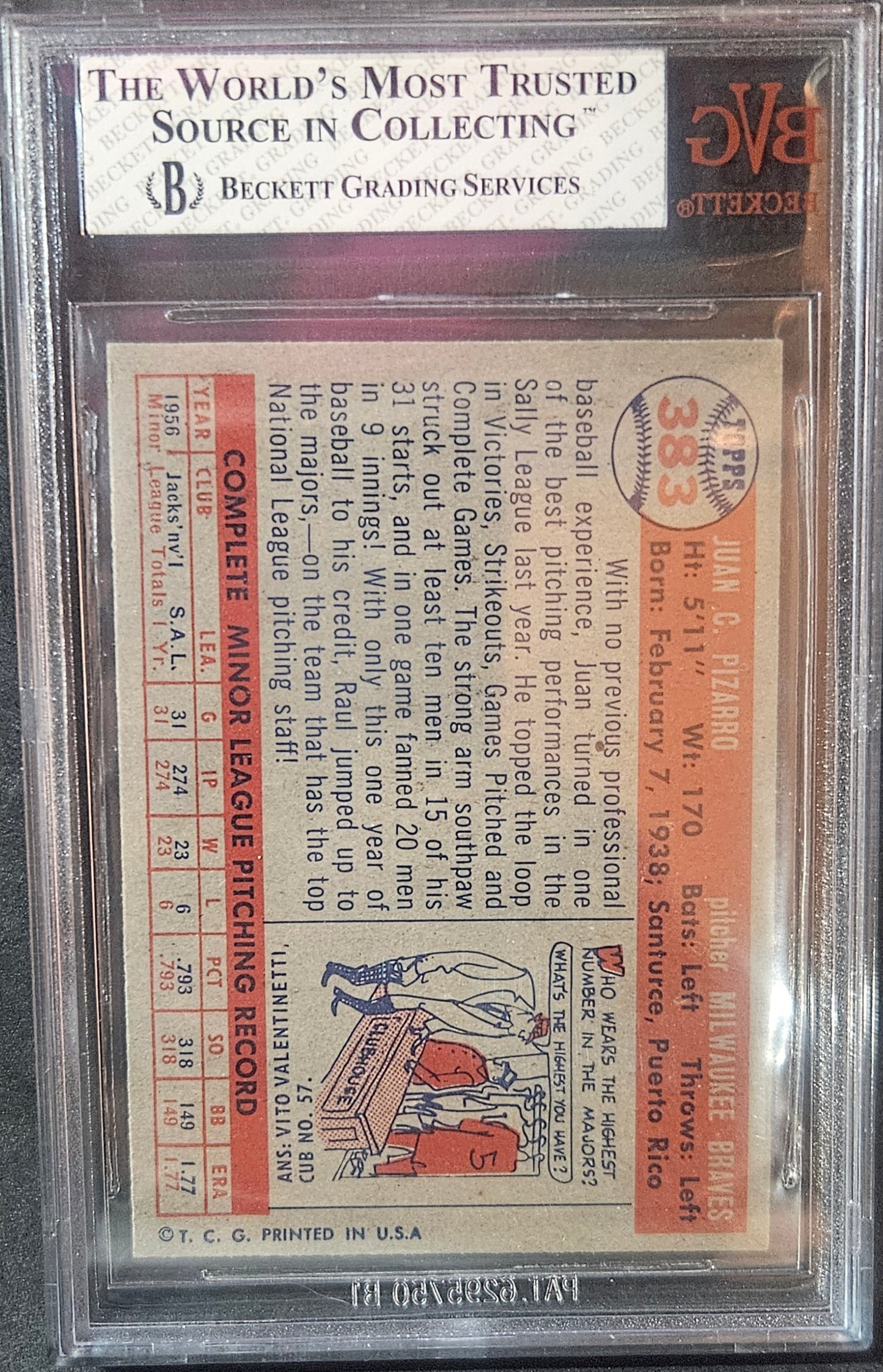 1957 Topps Juan Pizarro #383 Rookie BVG 8