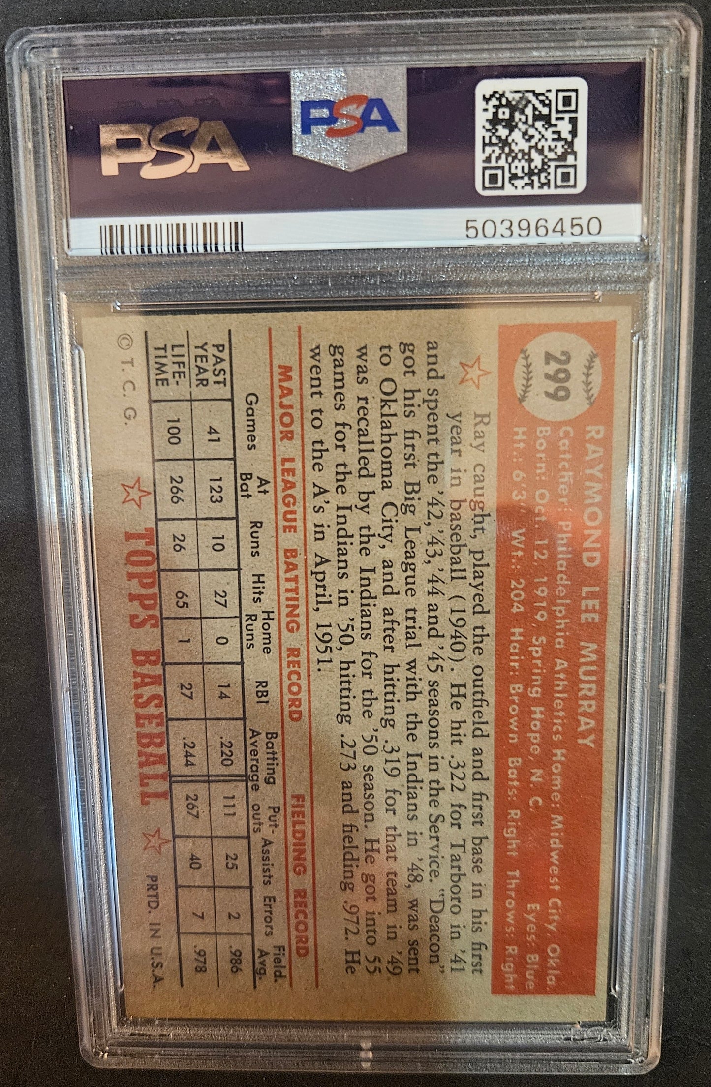 1952 Topps Ray Murray #299 PSA 4 beautifully centered