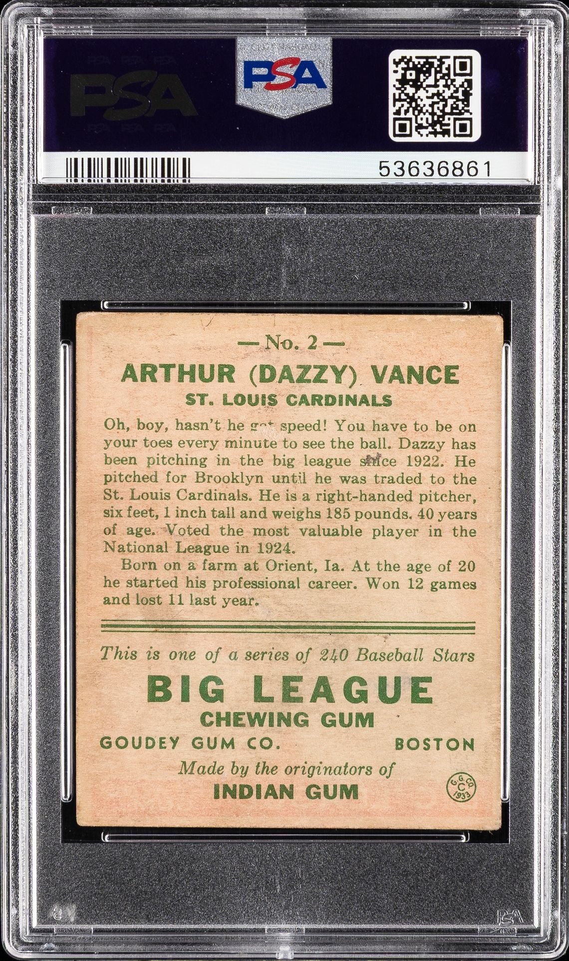 1933 Goudey Dazzy Vance #2 PSA 4