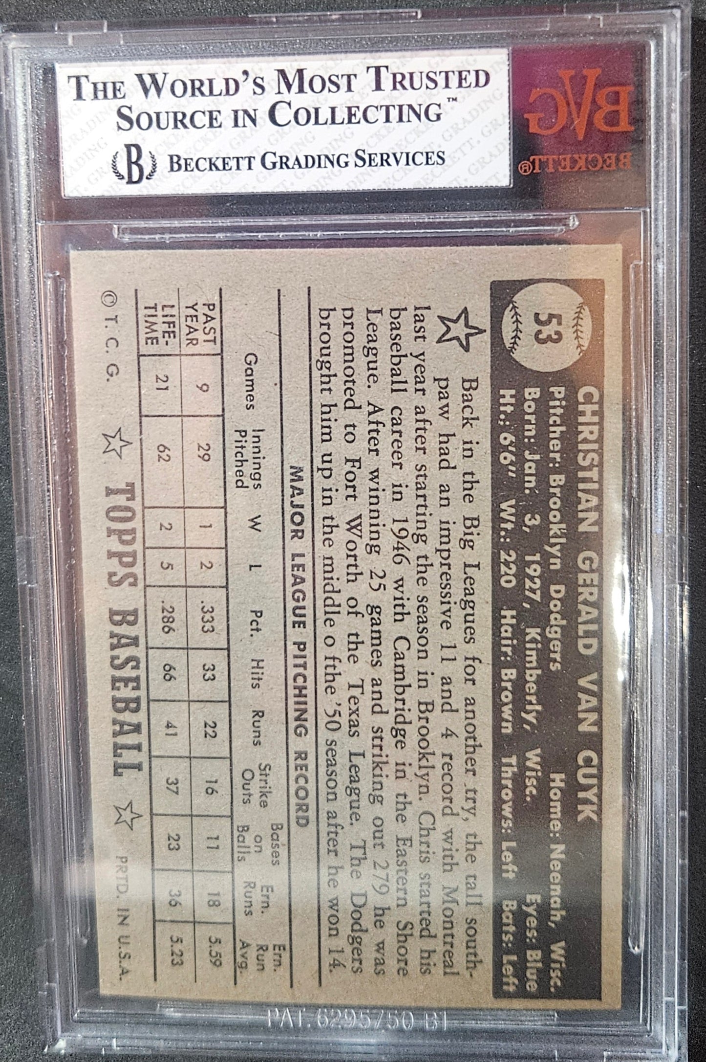1952 Topps Chris Van Cuyk Black #53A Rookie BVG 5.5
