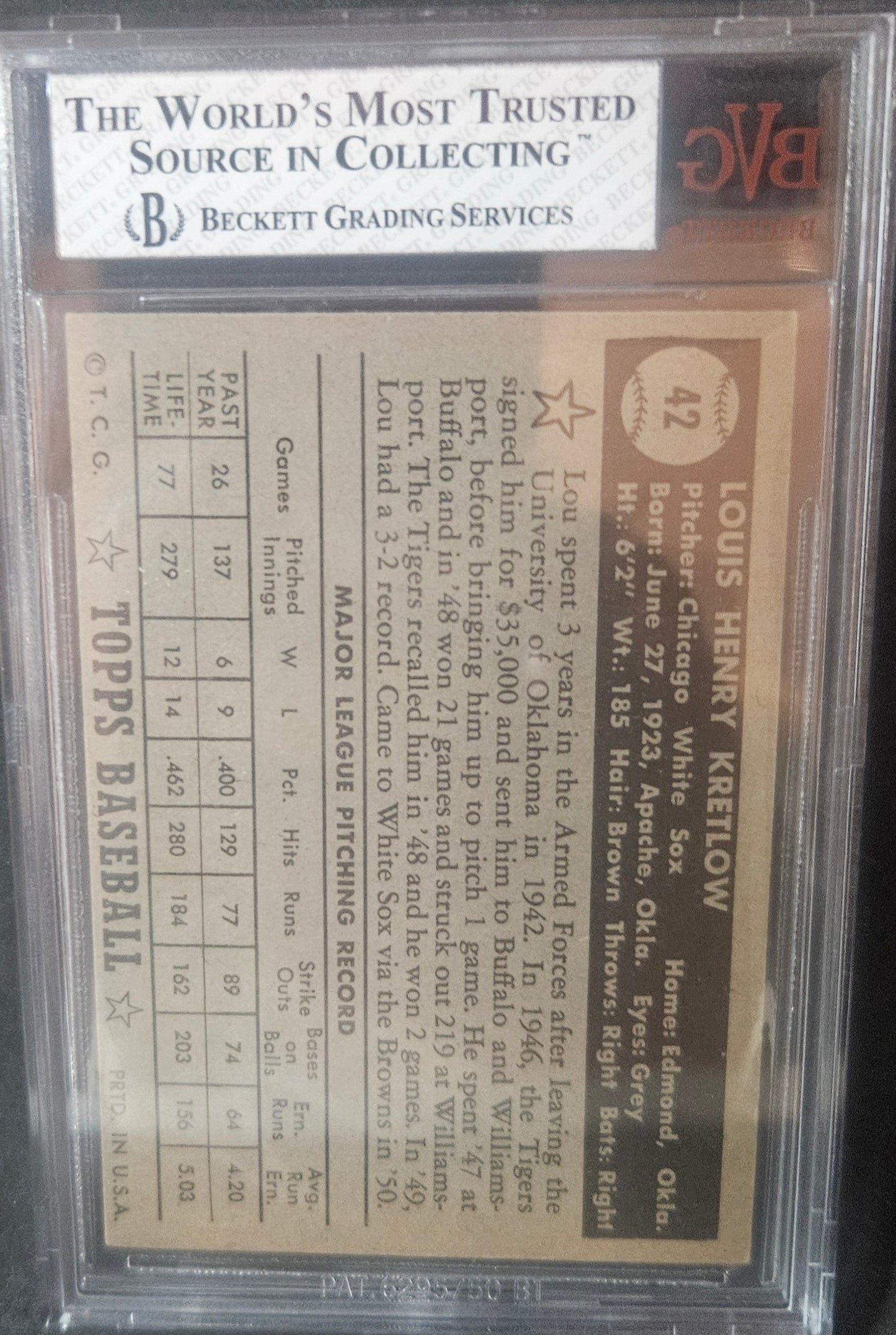 1952 Topps Lou Kretlow Black #42A BVG 5