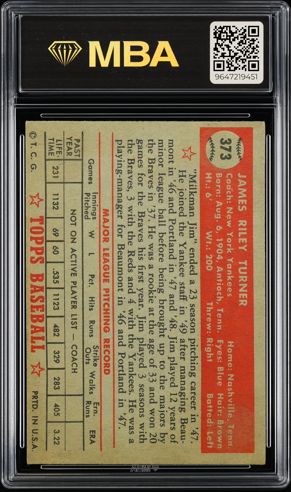 1952 Topps Jim Turner #373 MBA 3