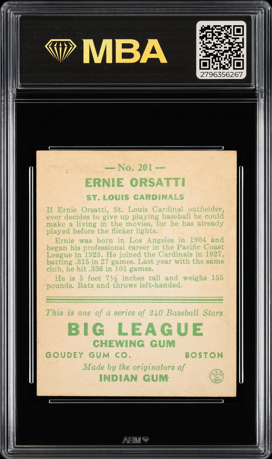 1933 Goudey (R319) Ernie Orsatti #201 MBA 4