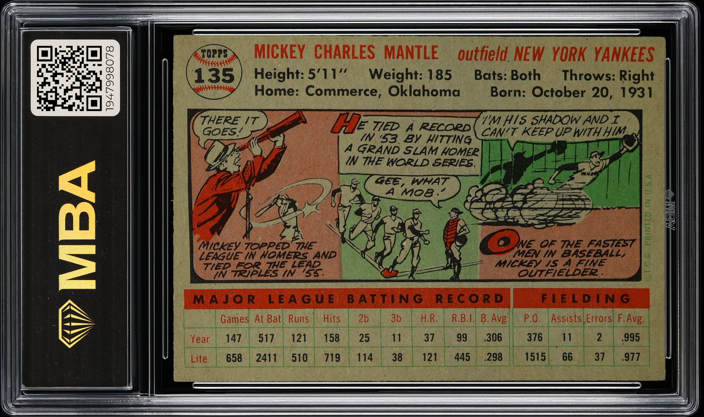 1956 Topps Mickey Mantle #135 Gray Back MBA 5