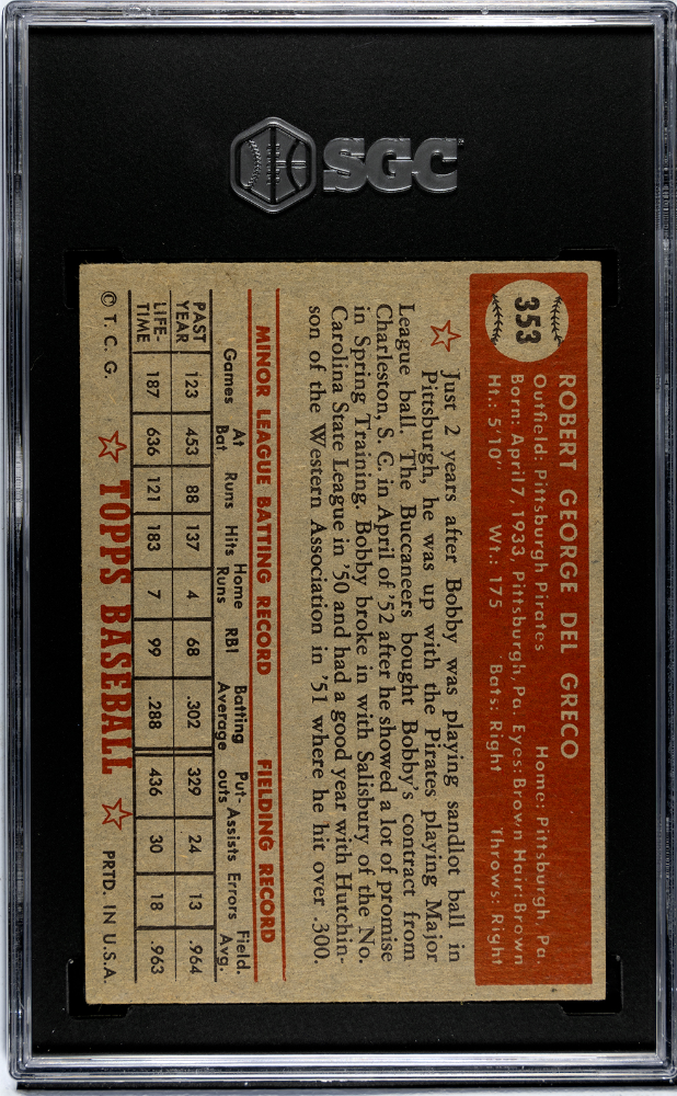 1952 Topps Bob Del Greco #353 SGC 3.5