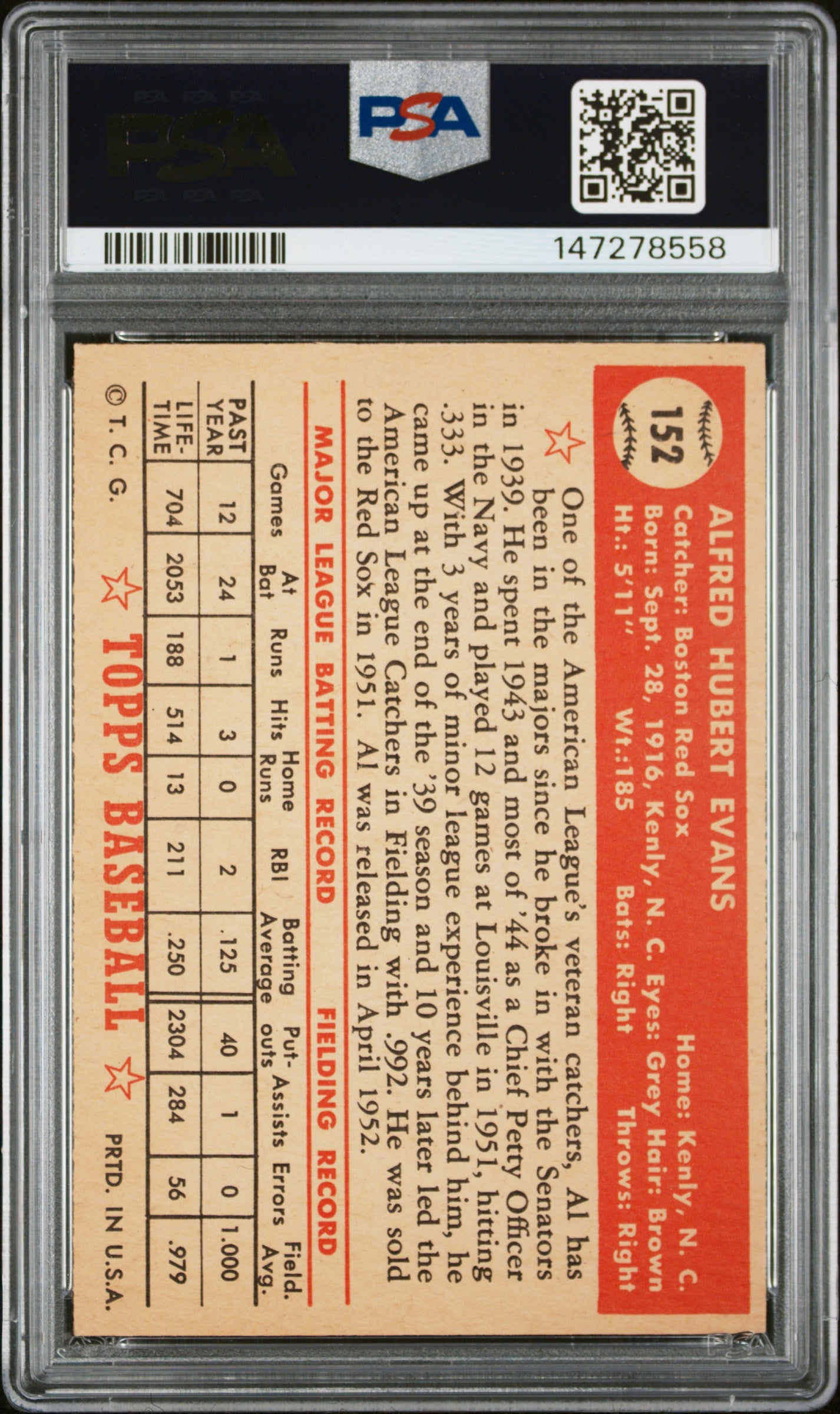1952 Topps Al Evans #152 PSA 7