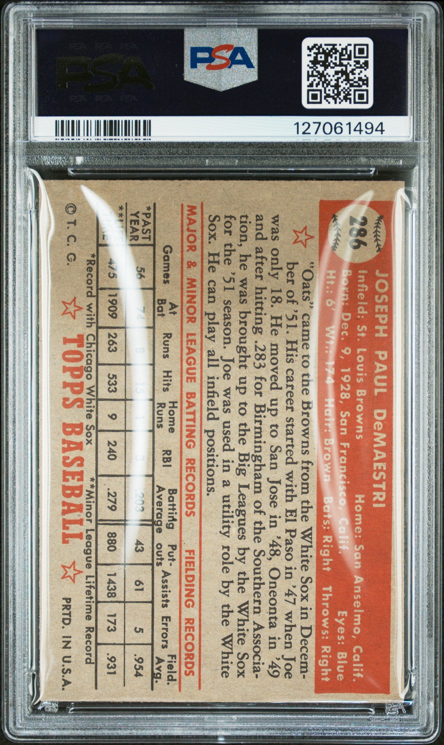 1952 Topps Joe Demaestri #286 PSA 6