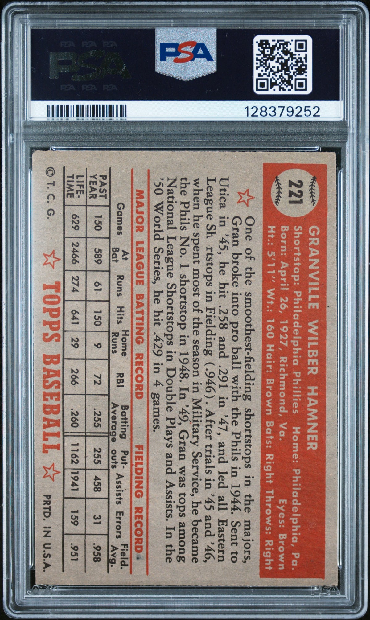 1952 Topps Granny Hamner #221 PSA 5 Bright white and beautiful!