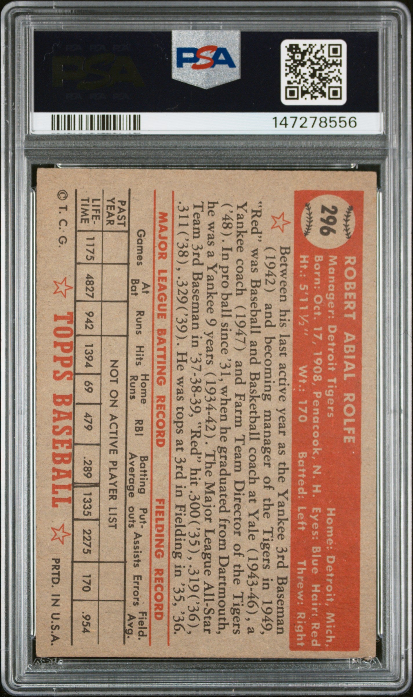 1952 Topps Red Rolfe #296 PSA 4