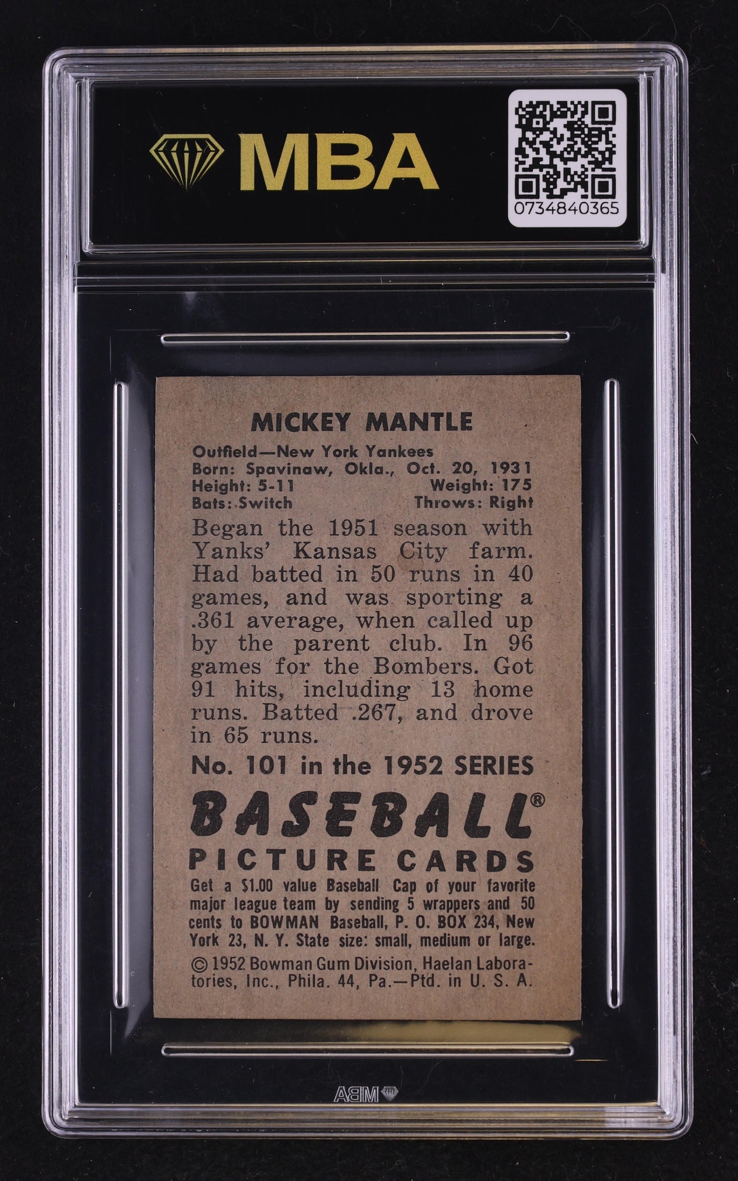 1952 Bowman Mickey Mantle #101 mba 5.5